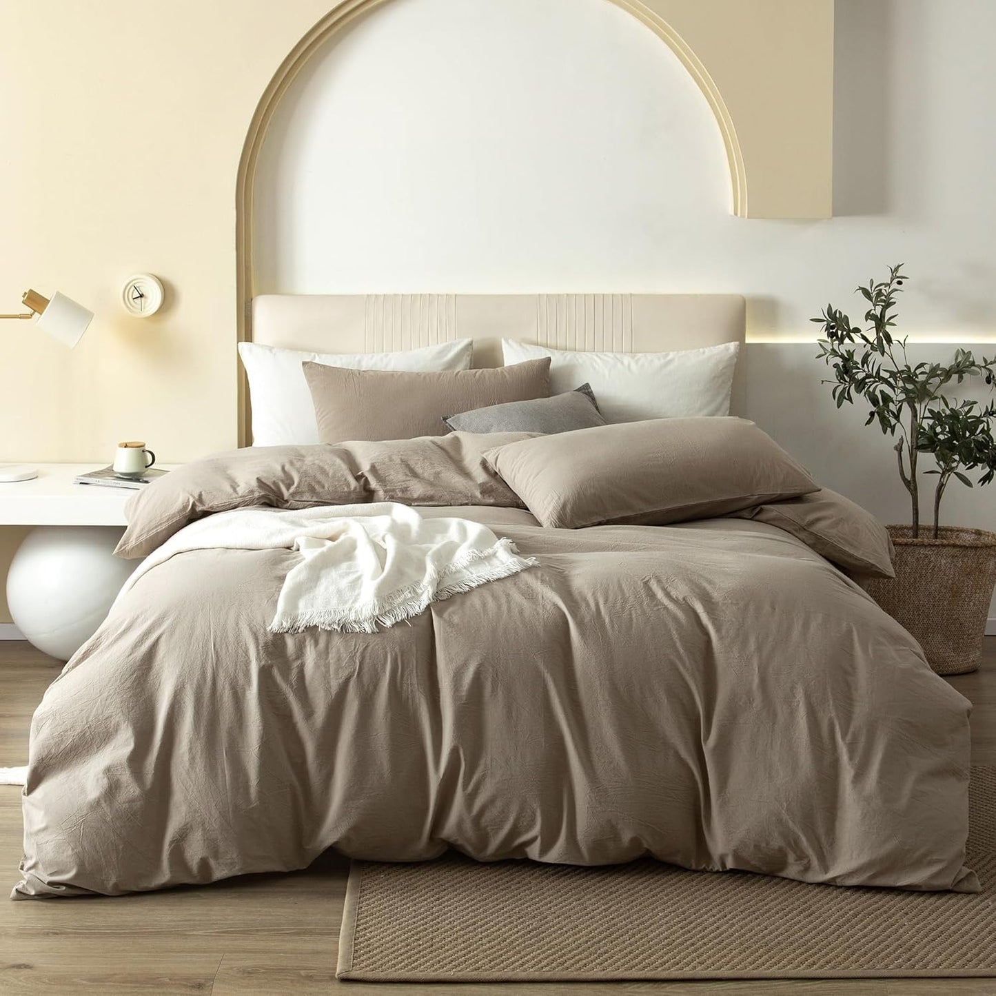 JIYUAN 100% Washed Cotton Duvet Cover Set 3 Pieces Oversized King, 1 Duvet Cover 120x98 Inches(Comforter Not Included) and 2 Pillowcases,Linen Feel Bedding Set Comfy and Breathable,Khaki