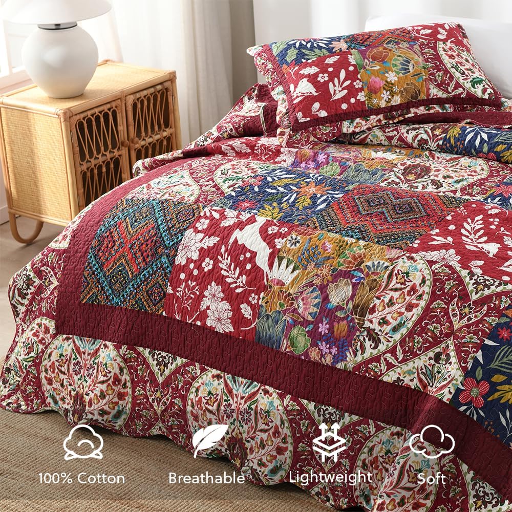 Cotton Bedspread Quilt Bedding Sets 3 Pieces Reversible Coverlet Sets Comforters Gorgeous Paisley Floral Patchwork Red Bedspread, King Size
