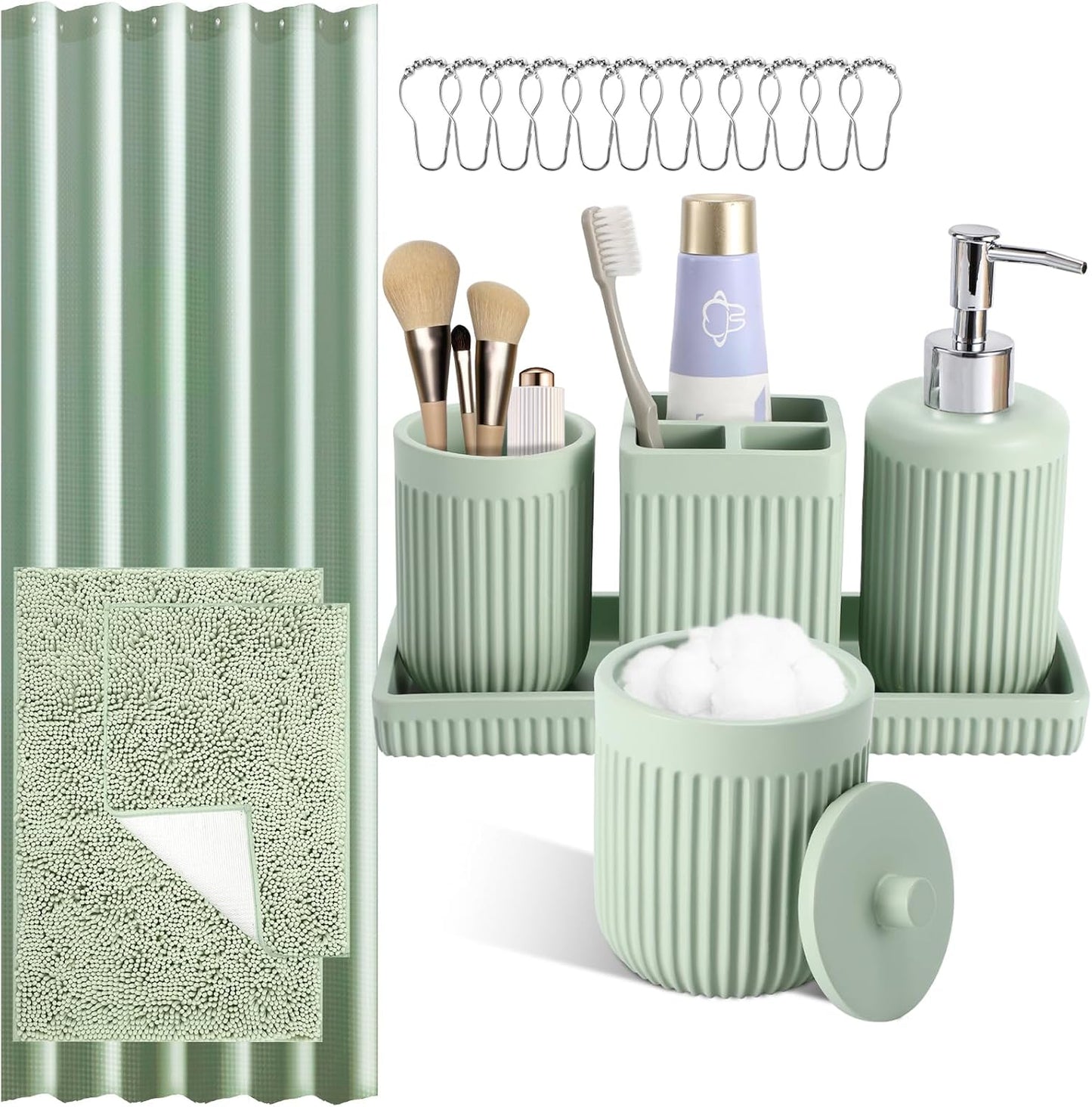 8-Piece Light Green Bathroom Set - Resin Bathroom Accessories Sets Complete with Shower Curtain and Rugs, Soap Dispenser, Toothbrush Holder, Tumbler & Vanity Organizer