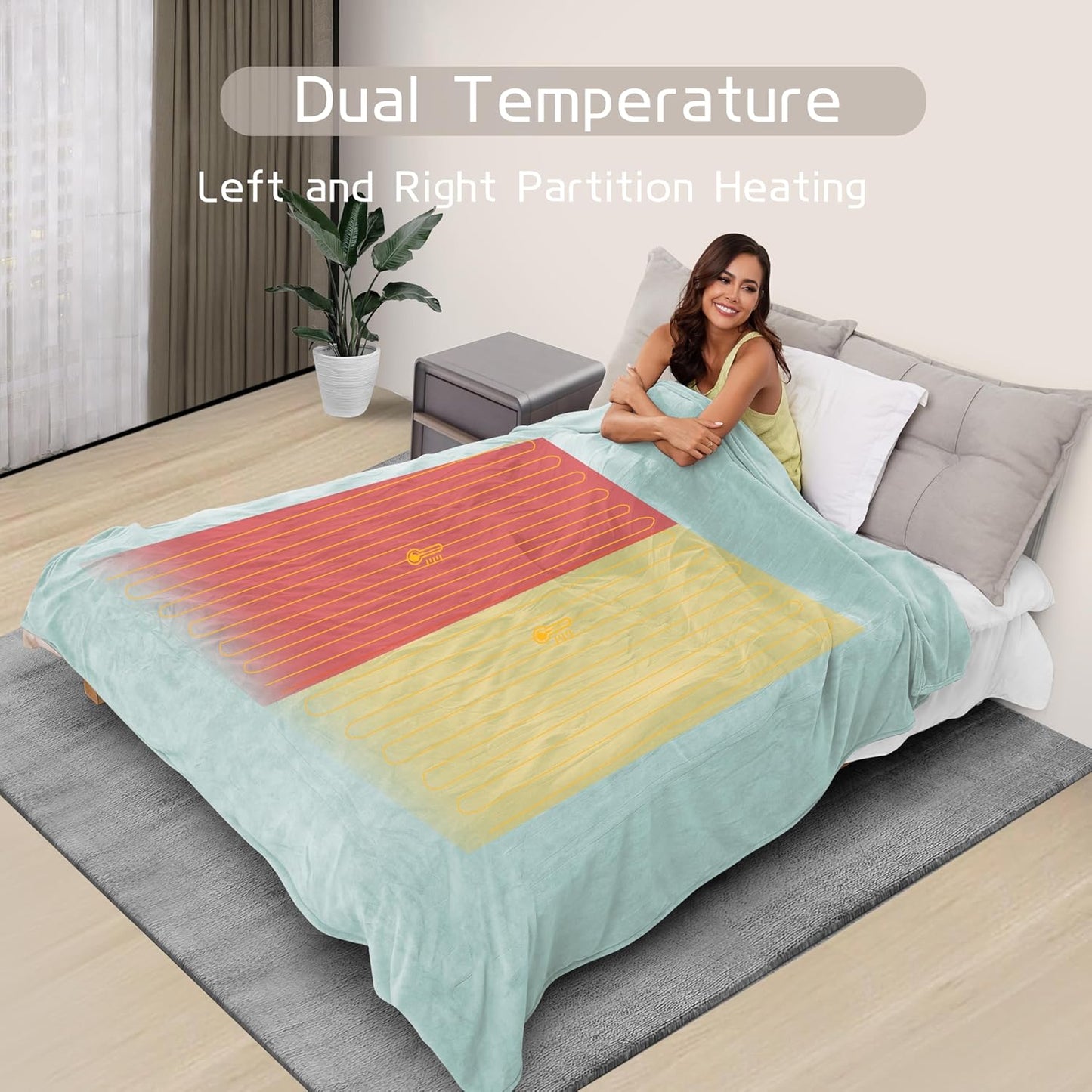 Electric Heated Blanket 84"x90" Queen Size, Soft Coral Fleece, Dual Controllers with 4 Heating Levels and 10 Hours Auto-Off, Machine Washable, Cozy Plush Fabric for Home, Mint Green