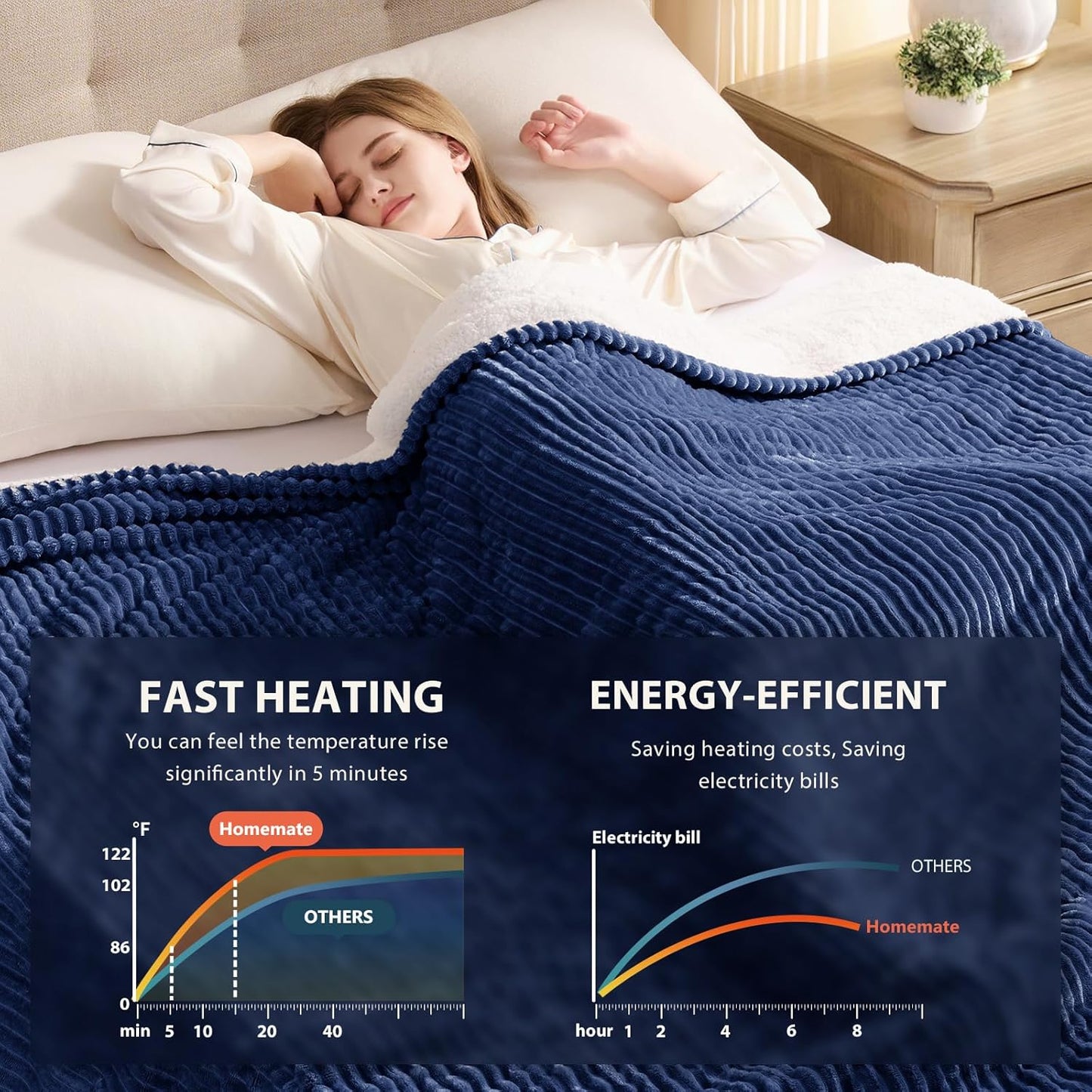 Homemate Electric Blanket Queen Size - 84"x90" Heated Blanket Queen Size 1/2/4/6/8 Hours Auto-Off 10 Heat Levels Over-Heat Protection Soft Flannel Sherpa ETL Certification