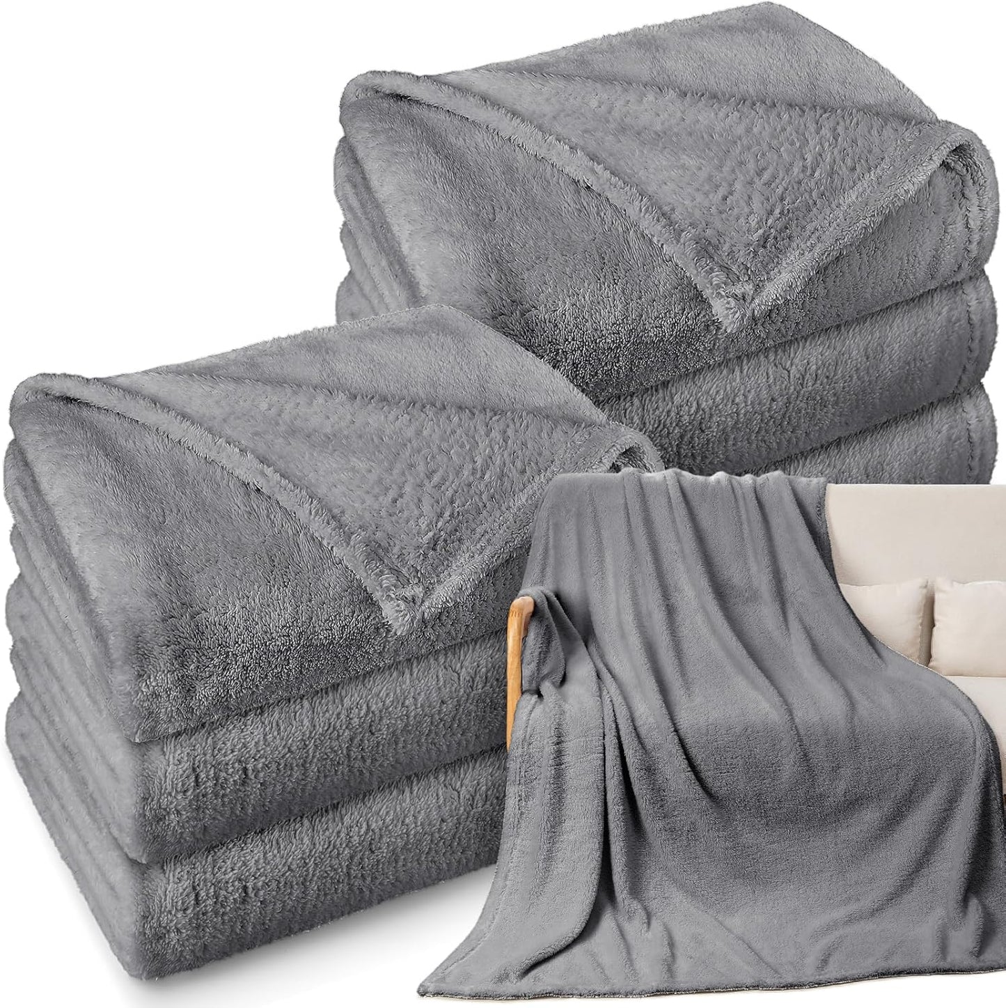 Tinideya 6 Pack Sherpa Fleece Throw Blankets Bulk 50"x 60" Soft Plush Wedding Throw Blankets for Couch Sofa Spa Sleepover Party Favor Supplies Travel Guest Room Home Decor (Gray)
