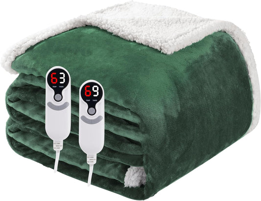 Electric Heated Blanket Queen Size 84"x90", Soft Flannel with Dual Controllers & Overheat Protection, 6 Adjustable Heat Settings & 10-Hour Auto-Off Timer, Fast Heating for Winter Comfort, Dark Green