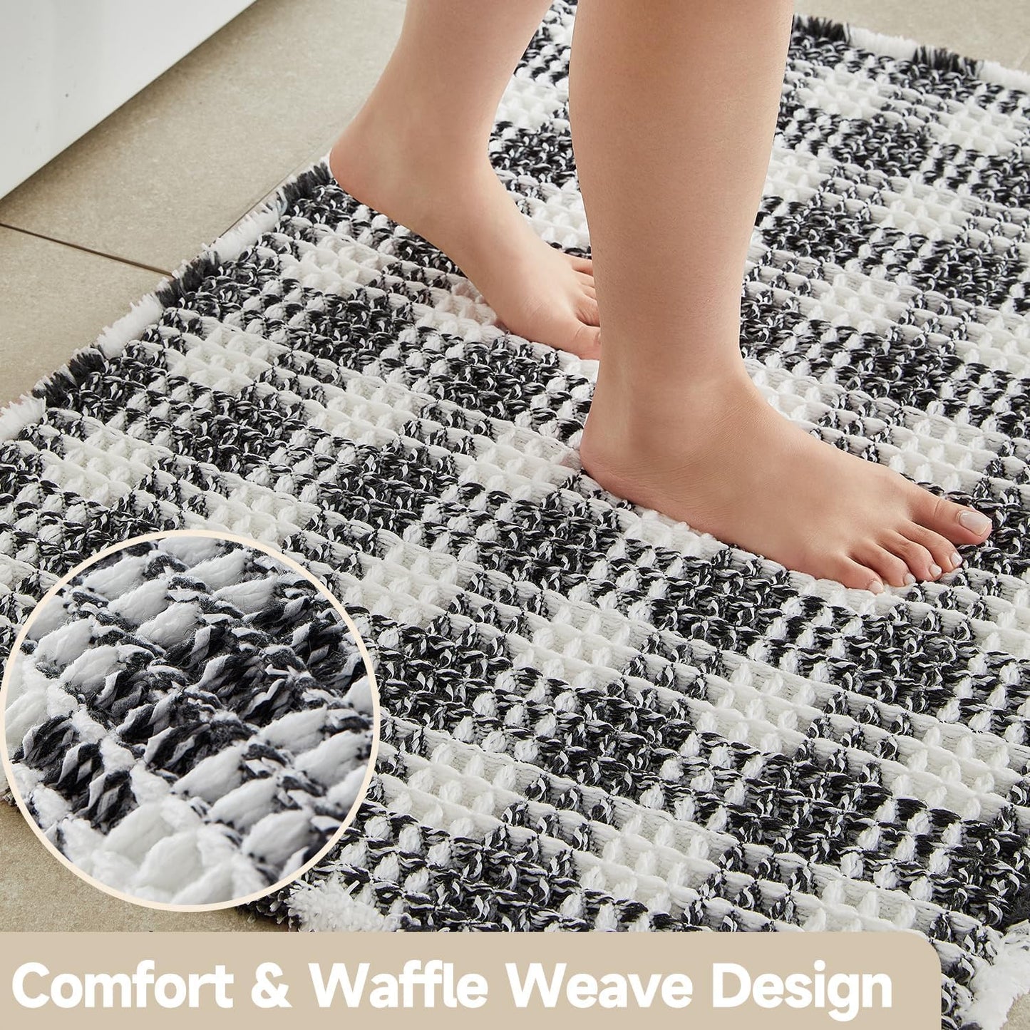 Waffle Runner Rug Bathroom, Long Boho Bathroom Rugs Non Slip Washable Absorbent Checkered Bathroom Mat Quick Dry Farmhouse Bath Mat, 72"x24" Black and White