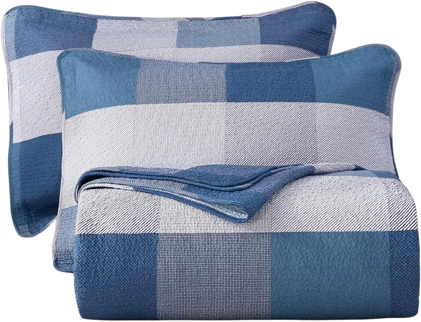 vctops Cotton Quilted Patchwork Quilt Set Queen Size Farmhouse Blue Plaid Bedspreads Coverlet 3 Pieces Summer Lightweight 1 Quilt and 2 Pillow Shams for All Season (Plaid A,Queen)