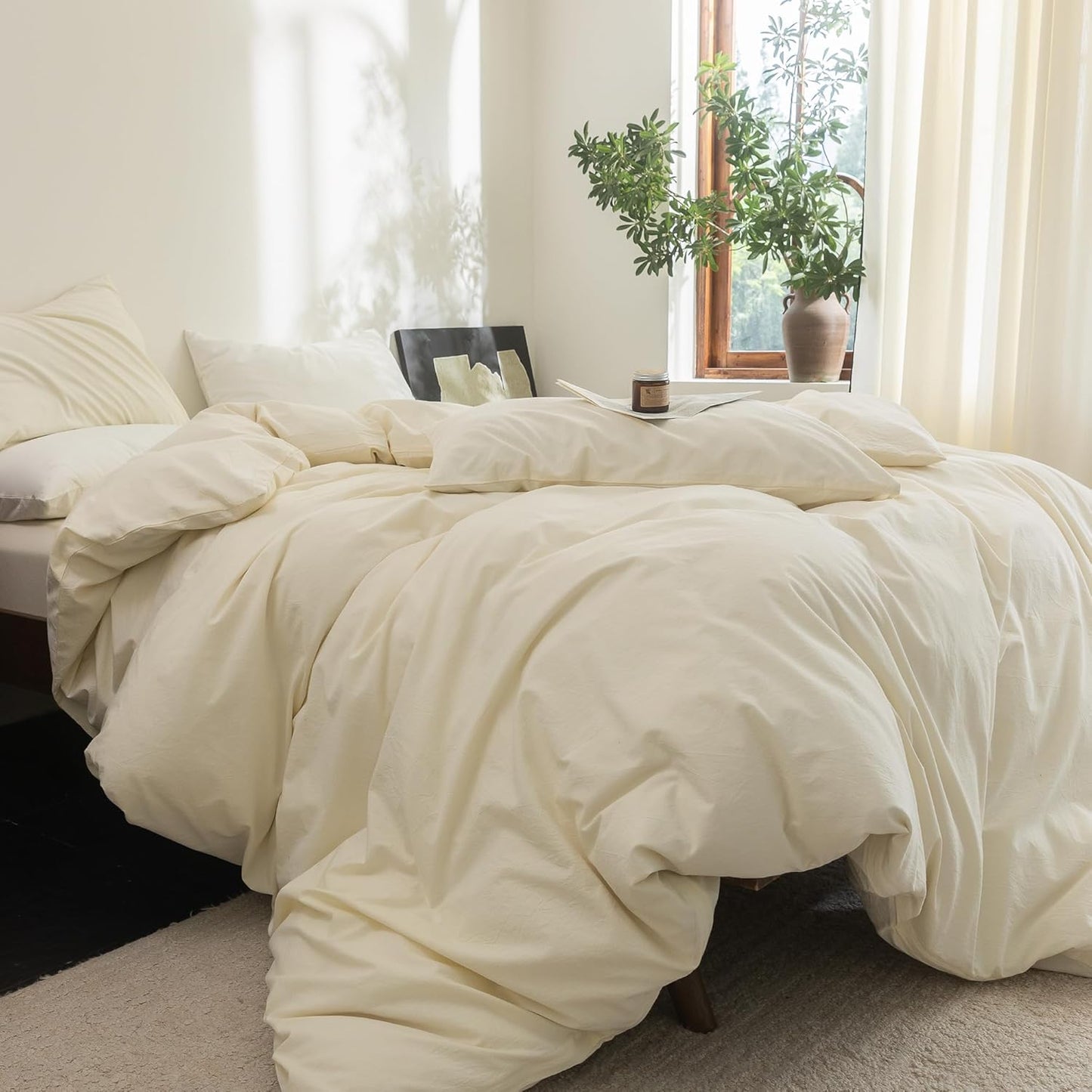 FOSSA Duvet Cover Set 100% Washed Cotton Linen Feel Super Soft Breathable Cozy 3 Pieces Bedding Sets Solid Cream White Twin