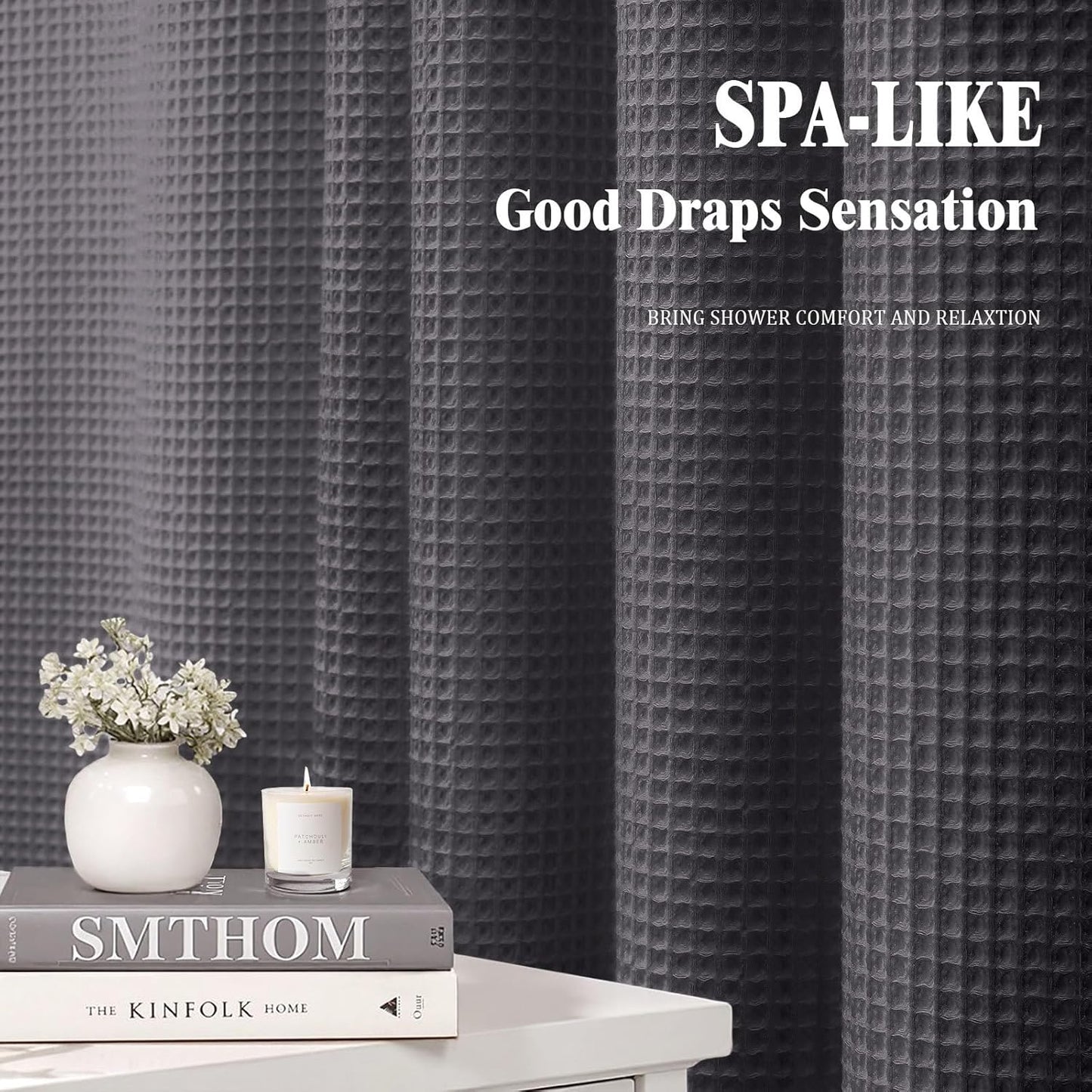 Waffle Weave Shower Curtain - Charcoal Gray Cotton Fabric Texture Heavyweight Shower Curtain for Bathroom,Washable,72Wx72L