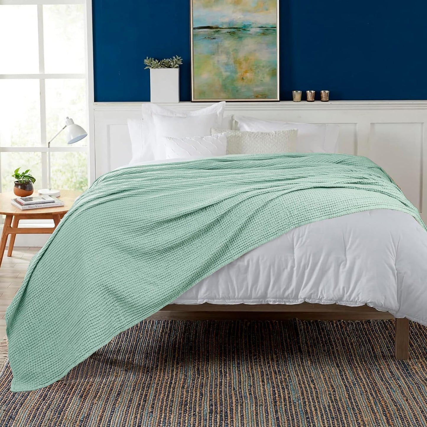 HILLFAIR 100% Combed Cotton Blanket– King Size Bed Blankets– Warm Soft All Season Breathable Lightweight Summer Waffle Weave Home Decor Bed Blanket- Sage King Bed Cotton Blankets/Bedcovers