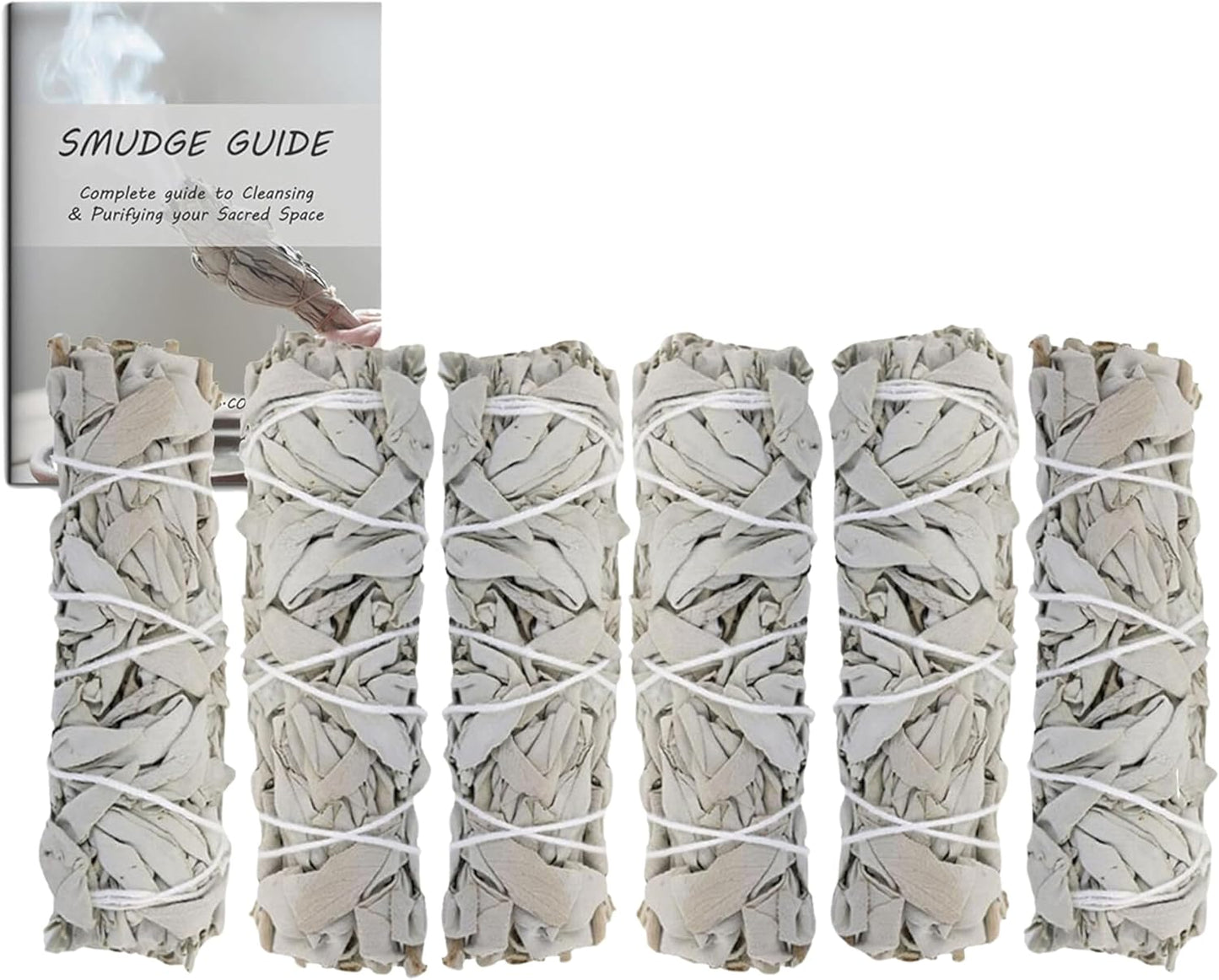 Ancient VEDA 4 Inch White Sage Smudge Sticks Bulk with Starter Guide (6 Pack) Smudge Sticks Sage for Cleansing House | White Sage for Smudging and Negative Energy Yoga | California Sage Bundles