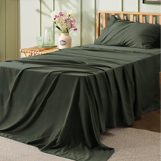 Bedsure Twin Sheets Set - 3 Pieces Soft Twin Bed Sheets - Breathable & Cooling - Hotel Luxury - Easy Care Polyester Microfiber Bedding for Women, Men, Olive Green