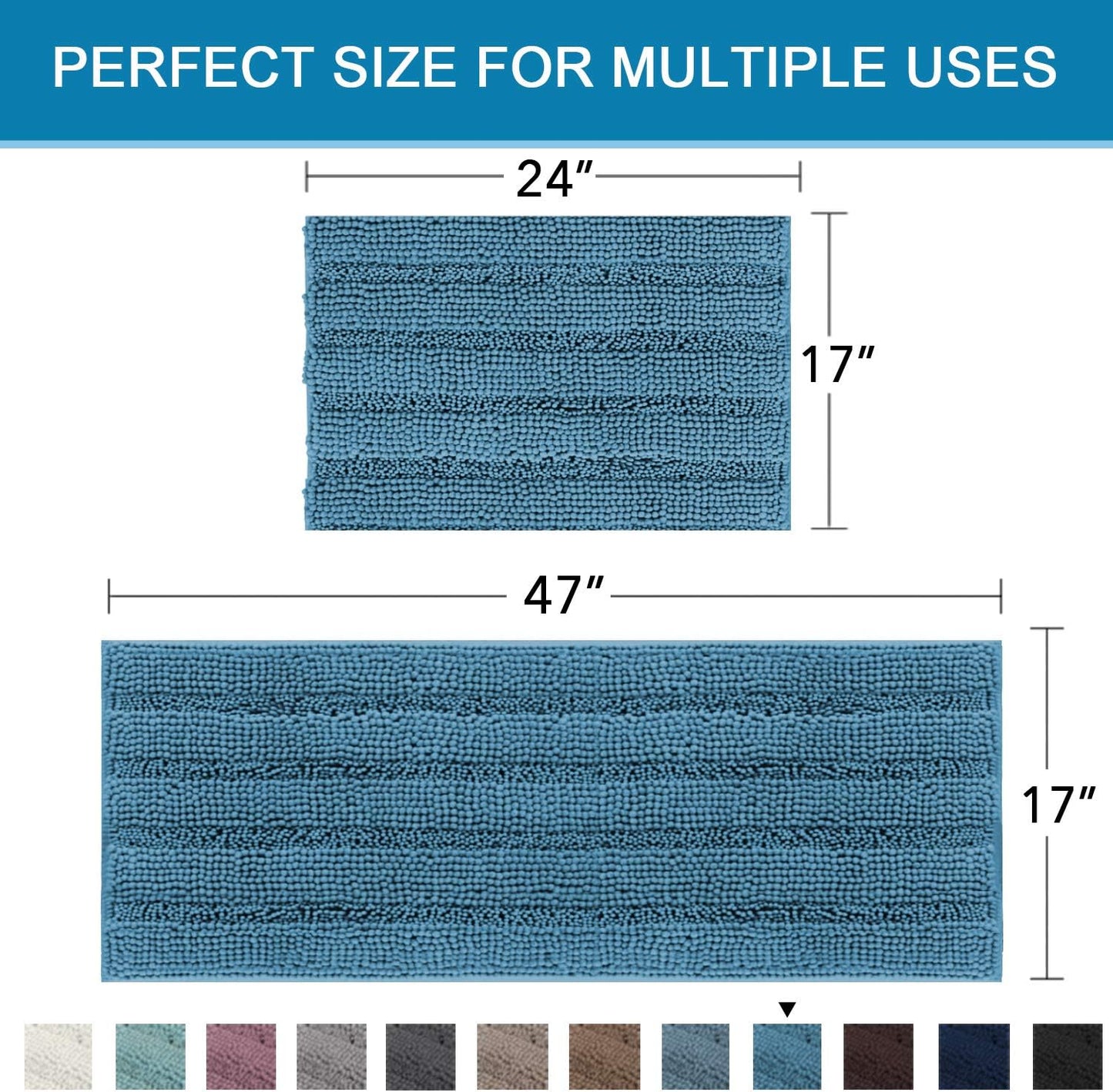 H.VERSAILTEX 2 Piece Bathroom Set - Super Absorbent Chenille Striped Bath Mats - Non Skid, Machine Washable - Turquoise Blue, 47 x 17 Plus 17 x 24 Inches