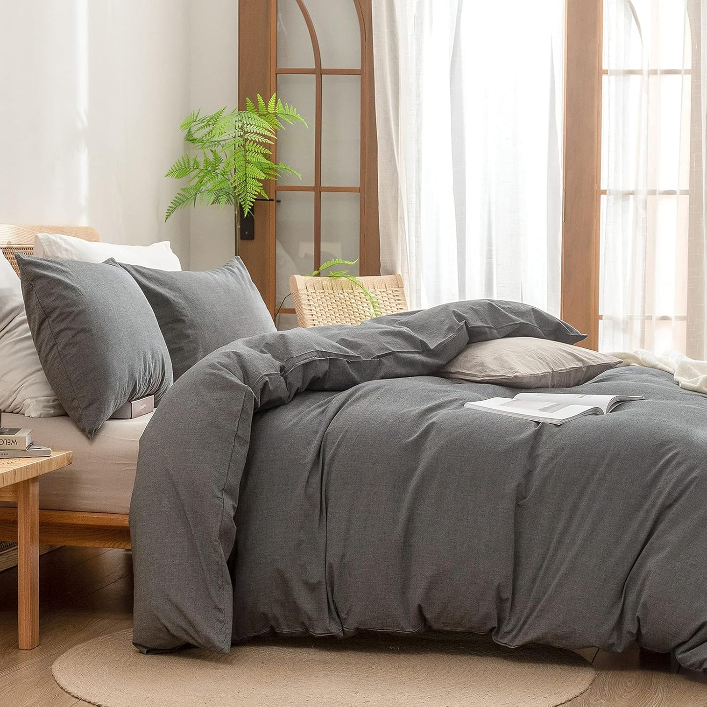 BESTOUCH Duvet Cover Set 100% Washed Cotton Linen Feel Super Soft Comfortable Chic Lightweight 3 PCs Home Bedding Set Solid Dark Grey Queen