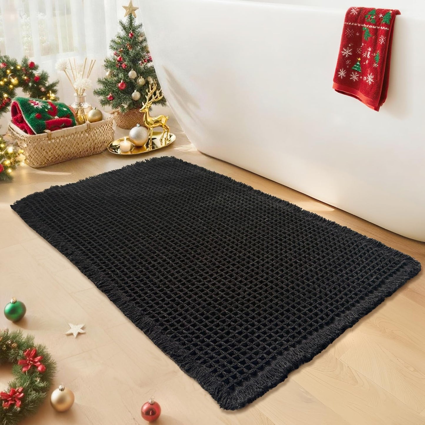 Black Bathroom Rug - Waffle Bath Mat Non Slip Washable, Super Absorbent & Quick Dry, Boho Bath Mat Farmhouse Bathroom Decor, 24'' x 36'', Black