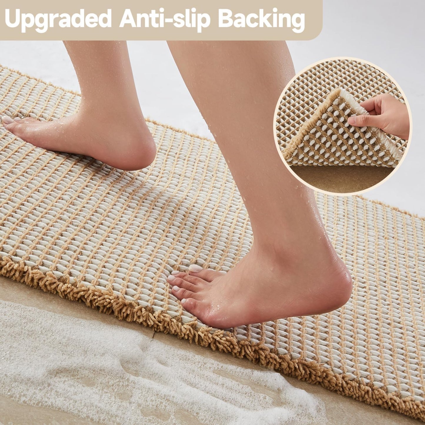 Waffle Runner Rug Bathroom, Long Boho Bathroom Rugs Non Slip Washable Super Absorbent Quick Dry Farmhouse Bath Decor, 72"x24" Khaki and White