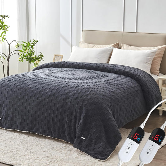Electric Heated Blanket Queen Size Dual Control - Jacquard Checkered Sherpa 84"x90" Fast Heating Bed Blankets with 6 Heating Levels & 10 Hours Auto Off, Over-Heat Protection ETL, Dark Gray