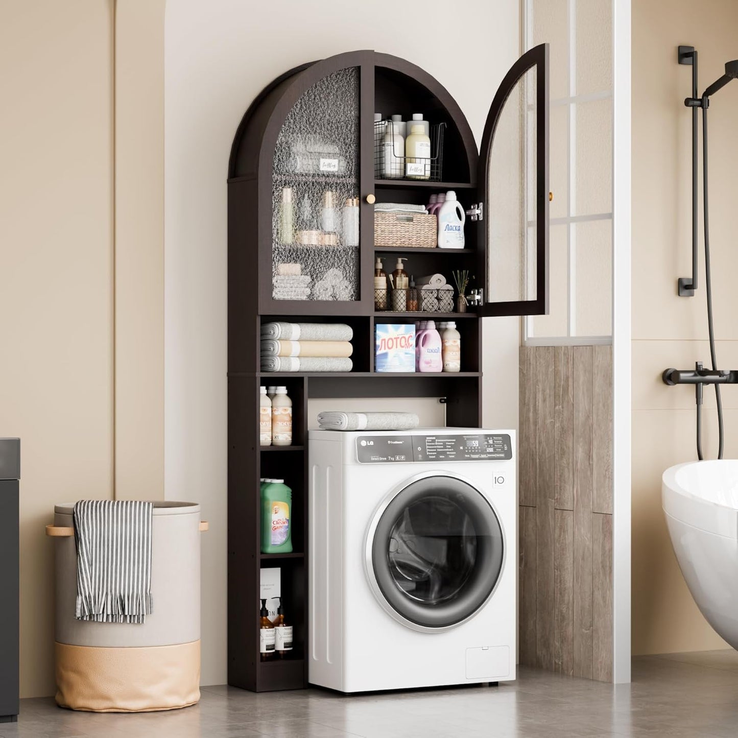 Over The Toilet Storage Cabinet, 29.7”W Modern Storage Cabinet Over Toilet with Acrylic Doors, Arched Freestanding Over Toilet Rack with Adjustable Shelf for Bathroom, Espresso