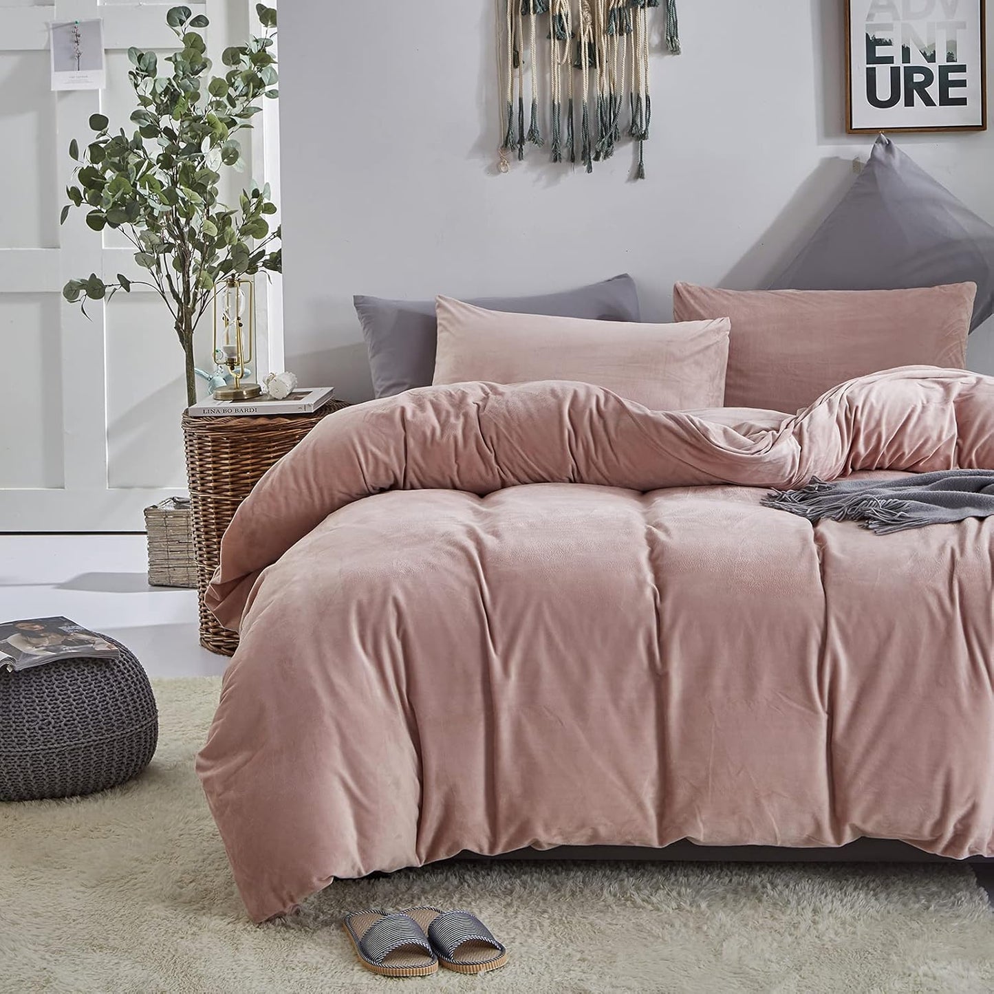 Cottonight Pink Velvet Comforter Set - California King Dusty Pink Flannel Bedding - Thick Heavyweight Blush Pink Warm Blanket Quilts - Winter 3 Piece Set for Cal King Bed