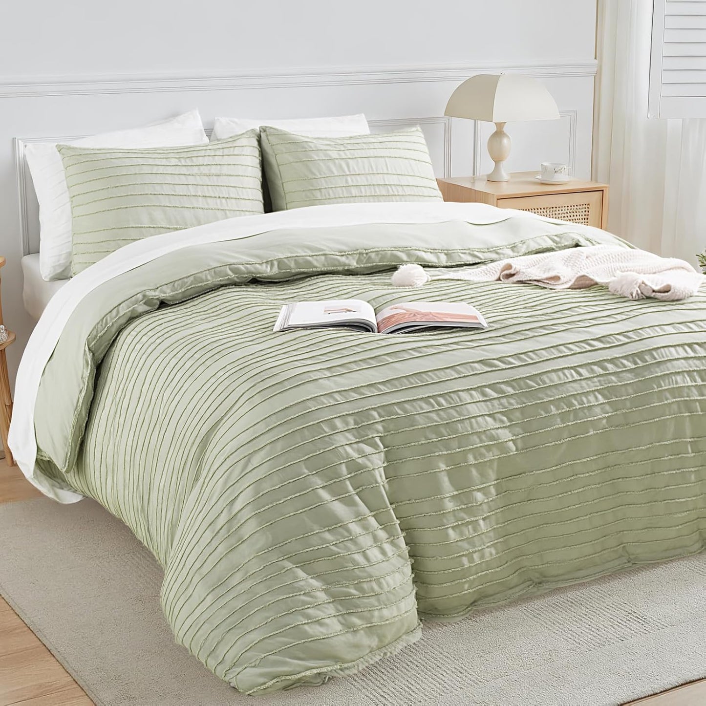NEXHOME PRO Duvet Cover King Size, Blue 3 Pieces Boho Tufted Duvet Cover Set, Soft and Lightweight Microfiber Comforter Cover Set for All Season (Sage Green,104 x 90)-No Comforter