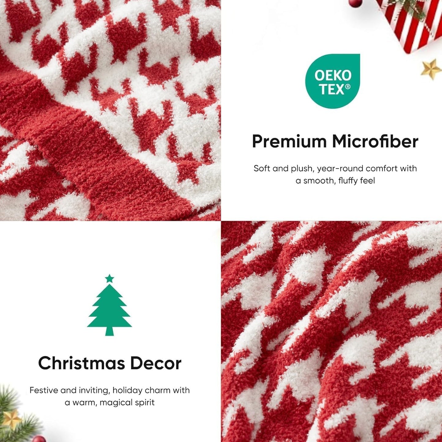 Snuggle Sac Christmas Throw Blanket - Soft Holiday Blanket for Couch, Gift for Family - Houndstooth Red, 50x60 Inches