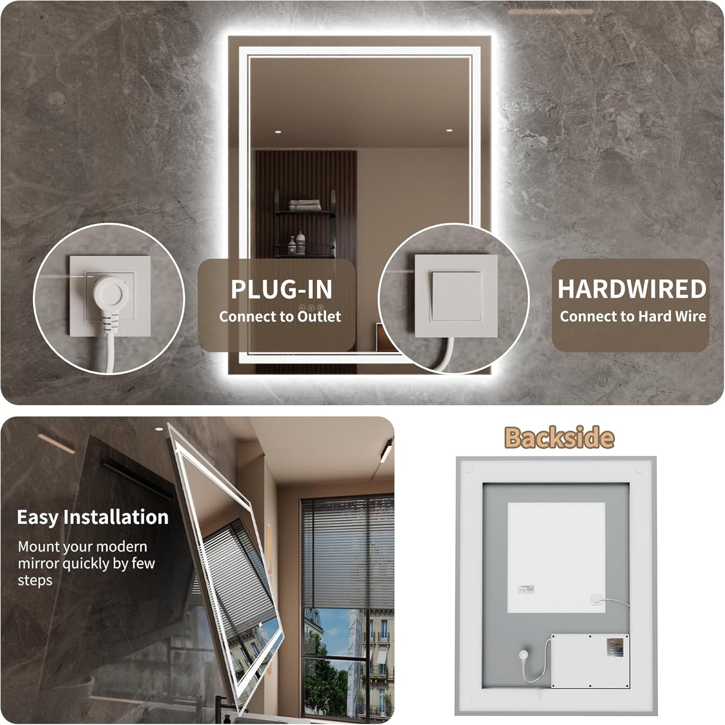 Bathroom Mirror with Lights 28"X36" with Front Light and Backlit, Tempered Glass, Wall Mount Horizontal/Vertical, Stepless Dimmable, 3 Colors, Anti Fog, Bathroom Memory LED Mirror