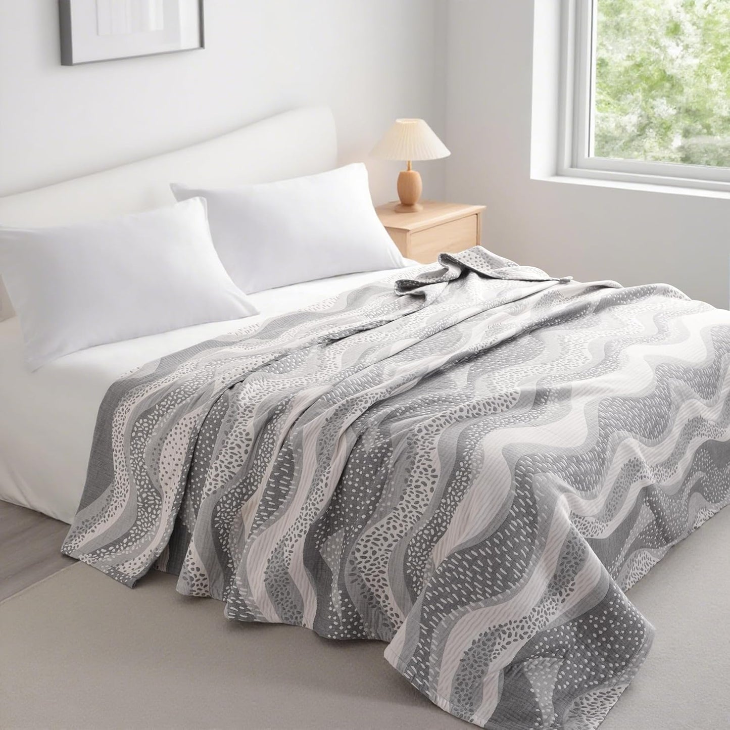 NTBAY 3 Layers Cotton Muslin 68x92 Twin Bed Blanket, Super Soft Breathable Thermal Yarn Dyed Quilt for Adults, Perfect Lightweight Blanket for Couch Sofa Bed All Seasons, Grey Wheat Waves