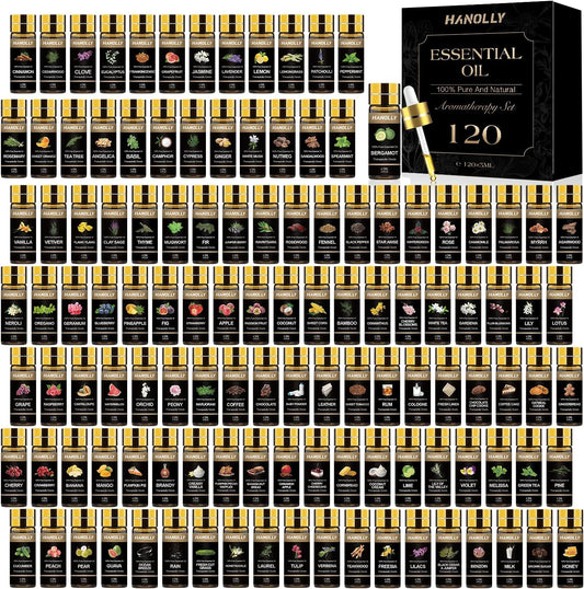 Essential Oils Set -120 Pcs Aromatherapy Essential Oil Kit for Diffuser, Humidifier, Massage, Skin Care, Candle Making - Fruity, Floral, Bakery, Mens, Woody & Herbal Essential Oil Set