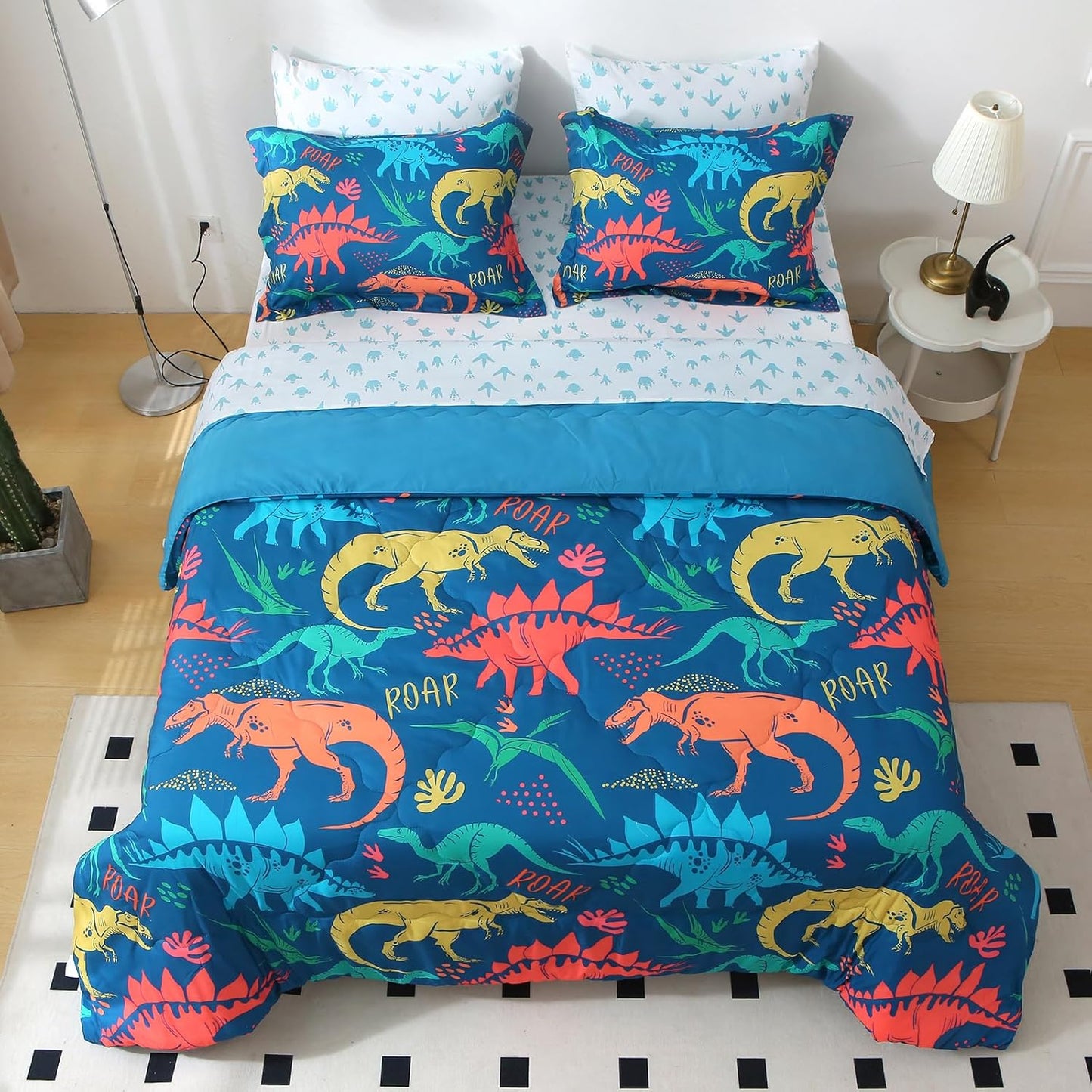 Wajade Boys Dinosaur Comforter Set Bed in A Bag Queen Size 7 Piece 3D Blue Dinosaur Print Bedding Set for Kids Teens(1 Comforter, 1 Flat Sheet, 1 Fitted Sheet, 2 Pillowcase and 2 Pillow Sham)
