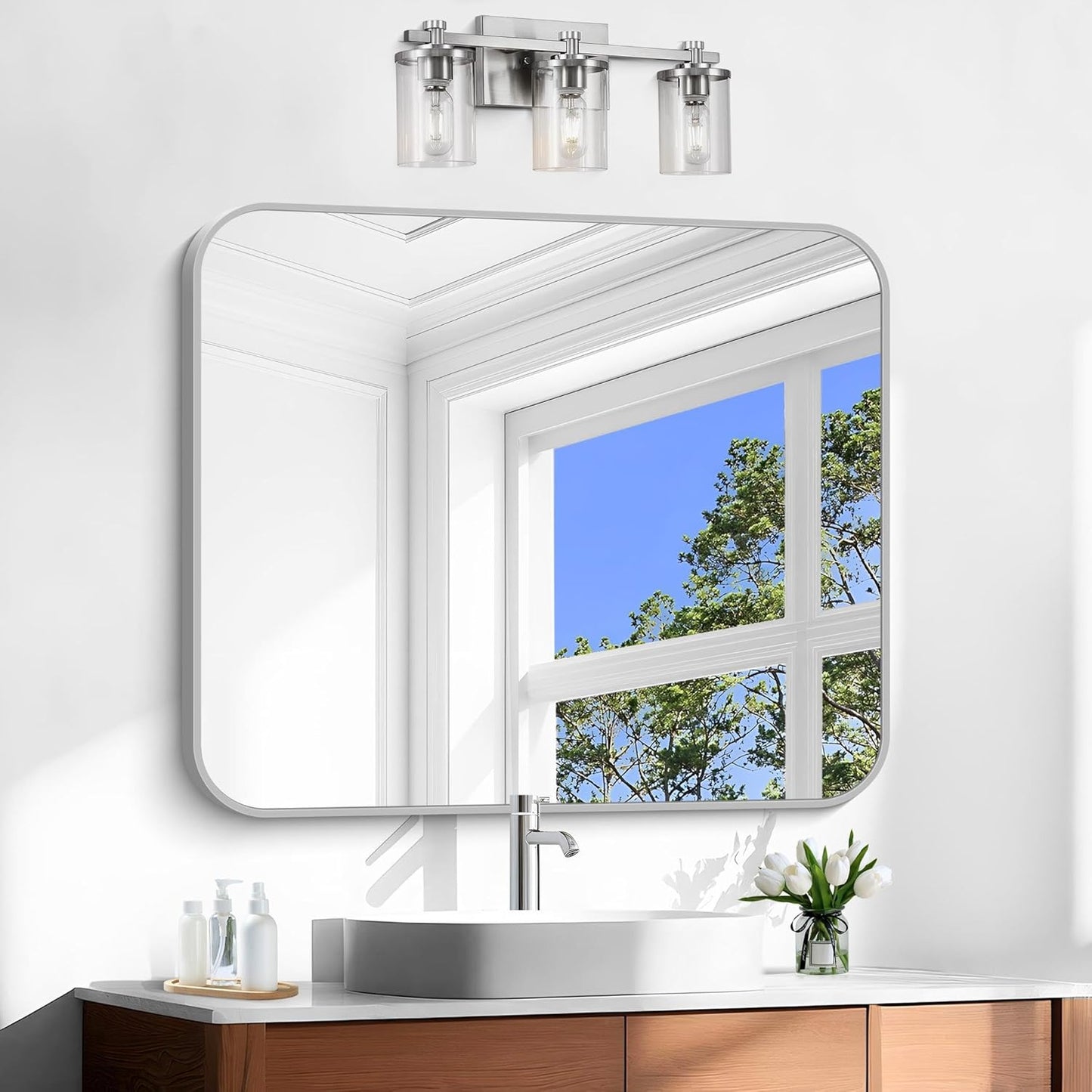 Silver Bathroom Mirror, 30 x 36 Inch Metal Framed Silver Rectangle Mirror, Rounded Corner Rectangular Vanity Mirror, Wall Mounted Mirror for Living Room Bedroom Entryway Horizontal/Vertical