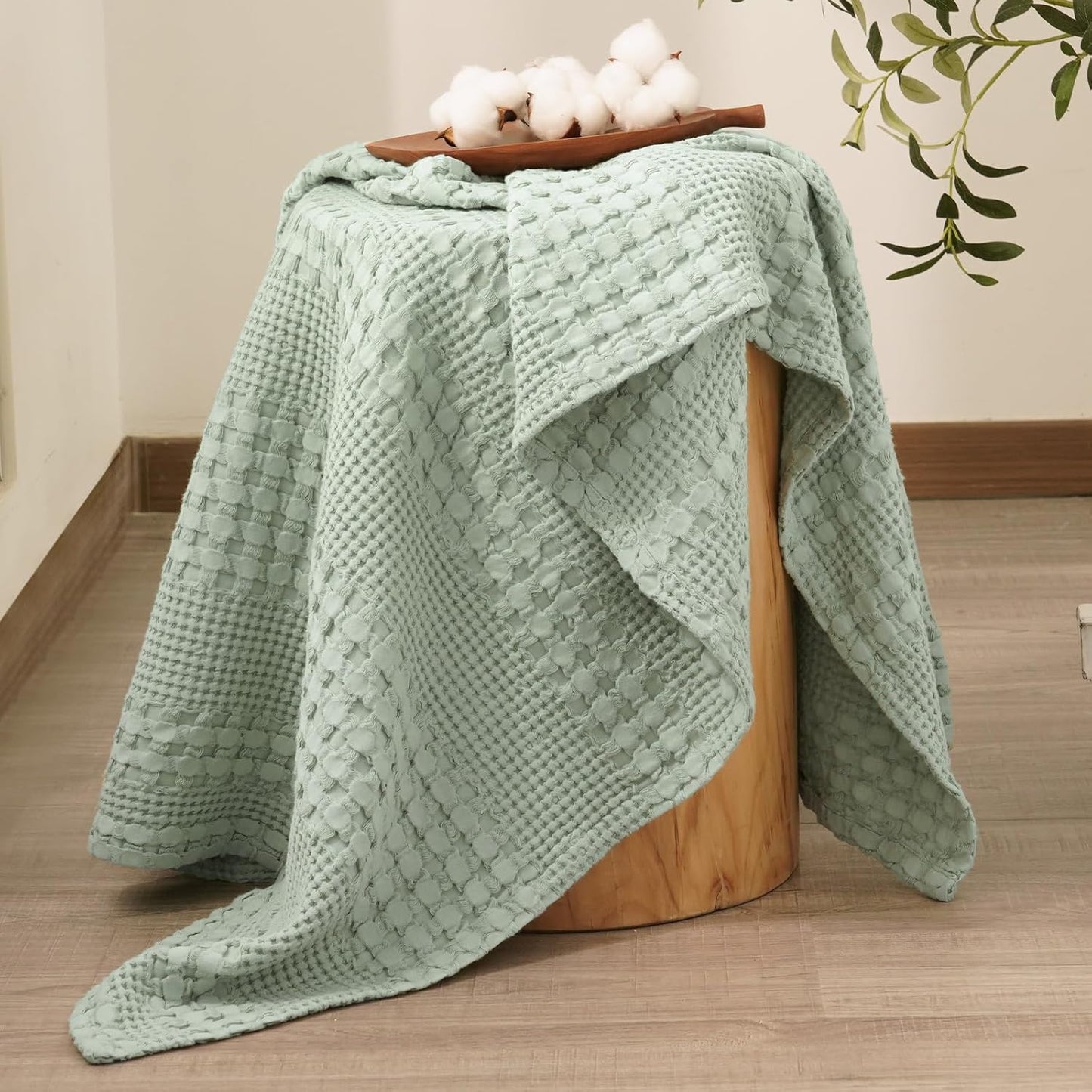 PHF 100% Cotton Waffle Weave Throw Blanket, Soft Lightweight Breathable Cozy Throws for Couch Bed Sofa, Luxury Aesthetic Woven Blanket for Home Decor & Office, 50"x60", Mint Green
