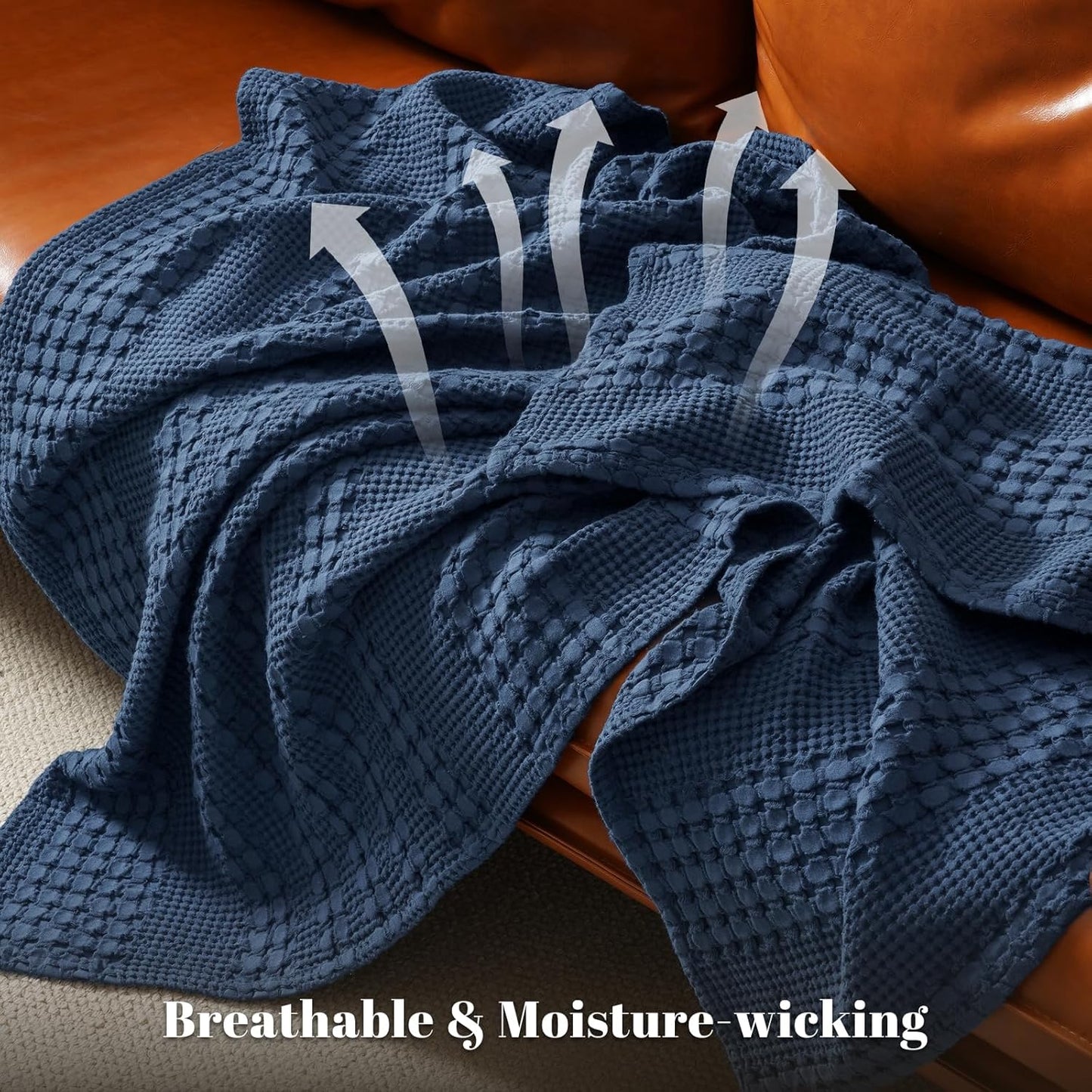 PHF 100% Cotton Waffle Weave Throw Blanket, Soft Lightweight Breathable Cozy Throws for Couch Bed Sofa, Luxury Aesthetic Woven Blanket for Home Decor & Office, 50"x60", Blue Sapphire