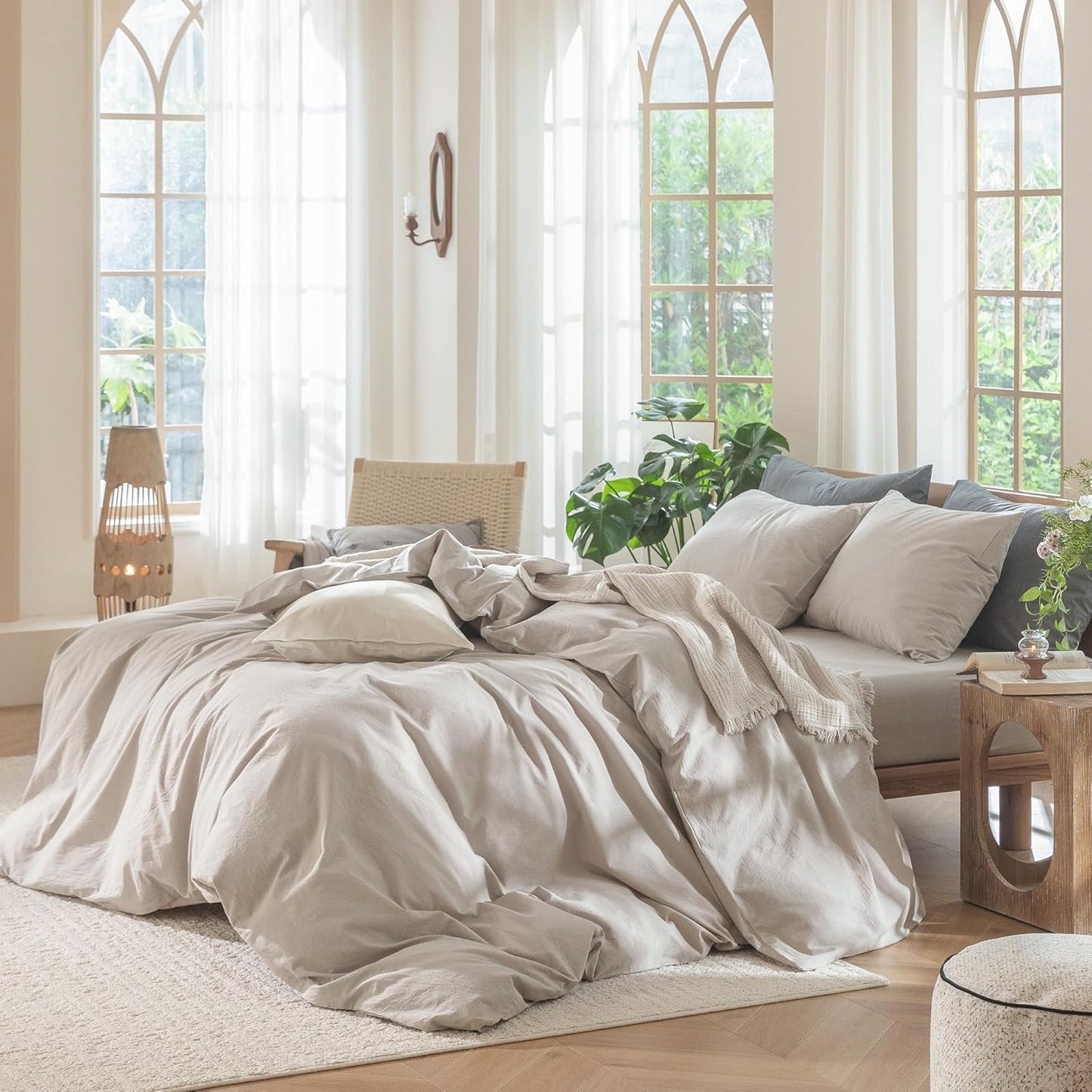 MooMee Bedding Duvet Cover Set 100% Washed Cotton Linen Like Textured Breathable Durable Soft Comfy (Solid Light Tan, Oversized Queen 98"x98")