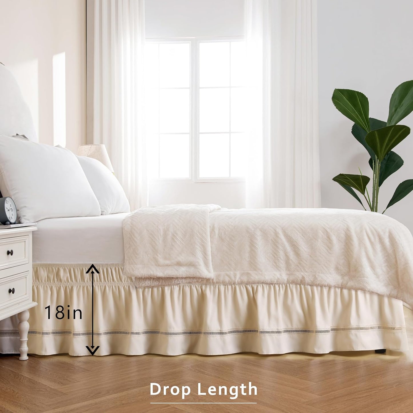 MIYE Wrap Around Ruffled Lace Bed Skirt, Elastic Dust Ruffle with Adjustable Belts, Easy to Put On, Bed Frame Cover, Machine Washable (Ruffled Lace/Light Beige, King/Queen-18 Drop)