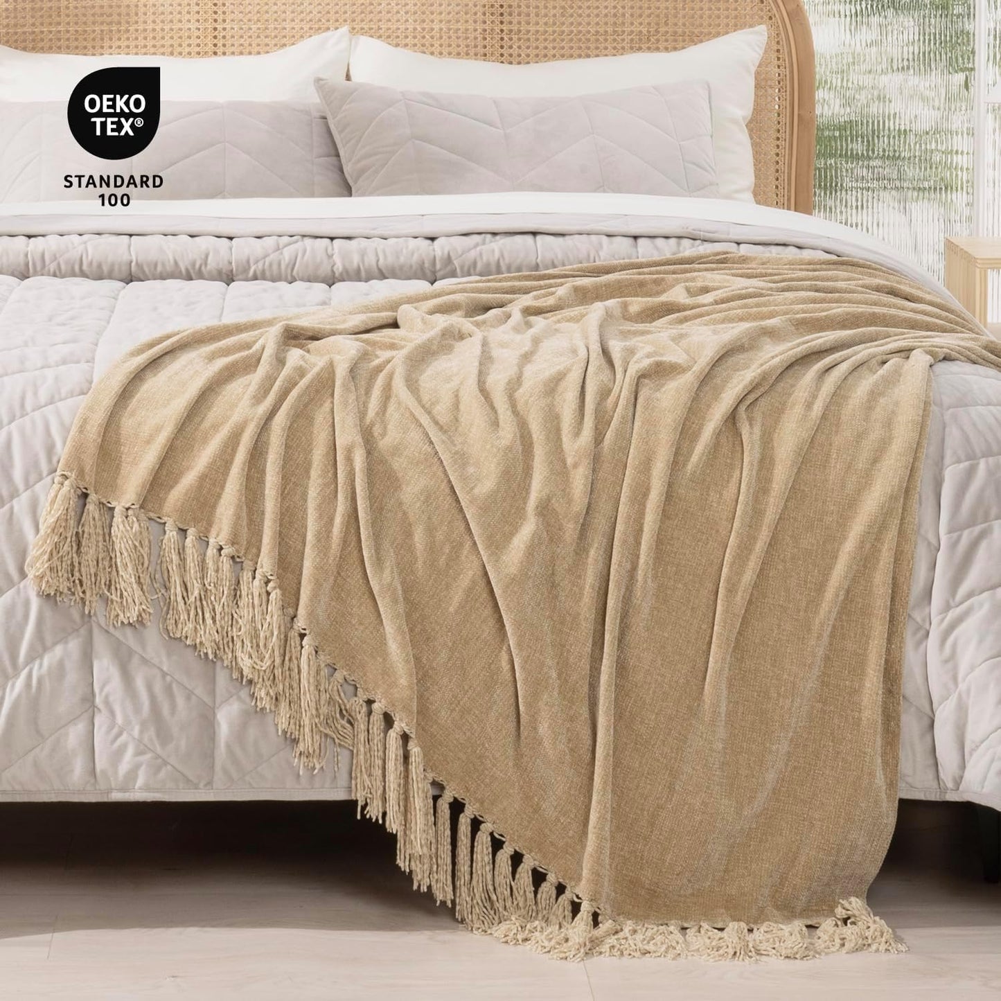 RECYCO Throw Blanket Soft Cozy Chenille Throw Blanket with Fringe Tassel for Couch Sofa Chair Bed Living Room Gift (Beige, 60" x 80")