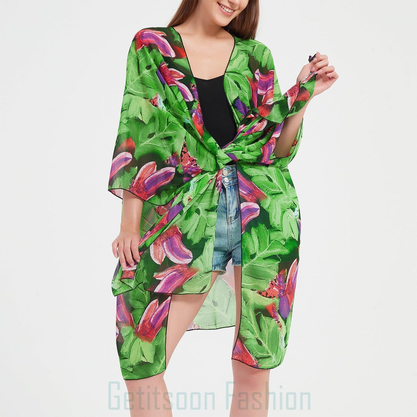 Women's Bohemian Floral Chiffon Beach Cover up Swimsuit Kimono Summer Swimwear Cardigans