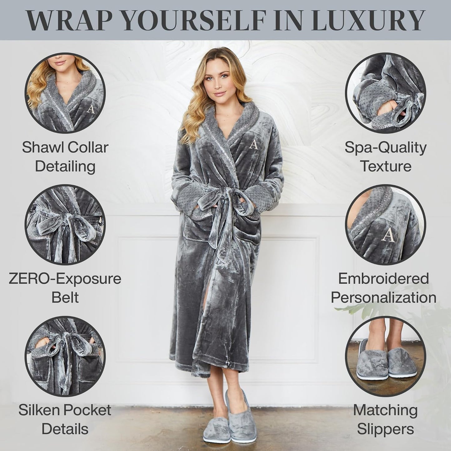 Lotus Linen Plush Robes for Women - Soft Bathrobe, Custom Monogram, Warm Fleece Robe with Pockets