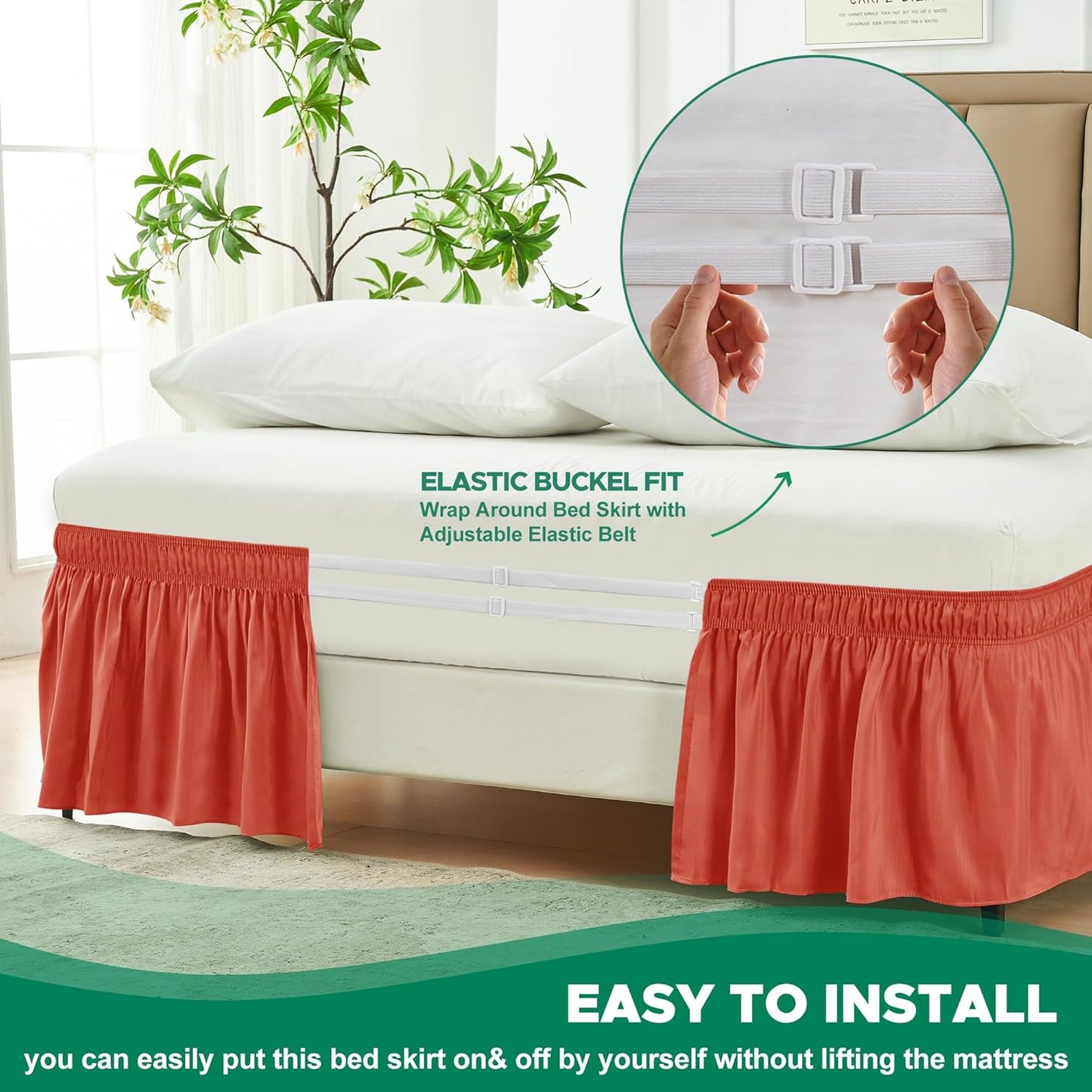 Biscaynebay Wrap Around Bed Skirts for Full & Full XL Beds 15" Drop, Coral Adjustable Elastic Dust Ruffles with Adjustable Belts Silky Luxrious Fabric Machine Washable