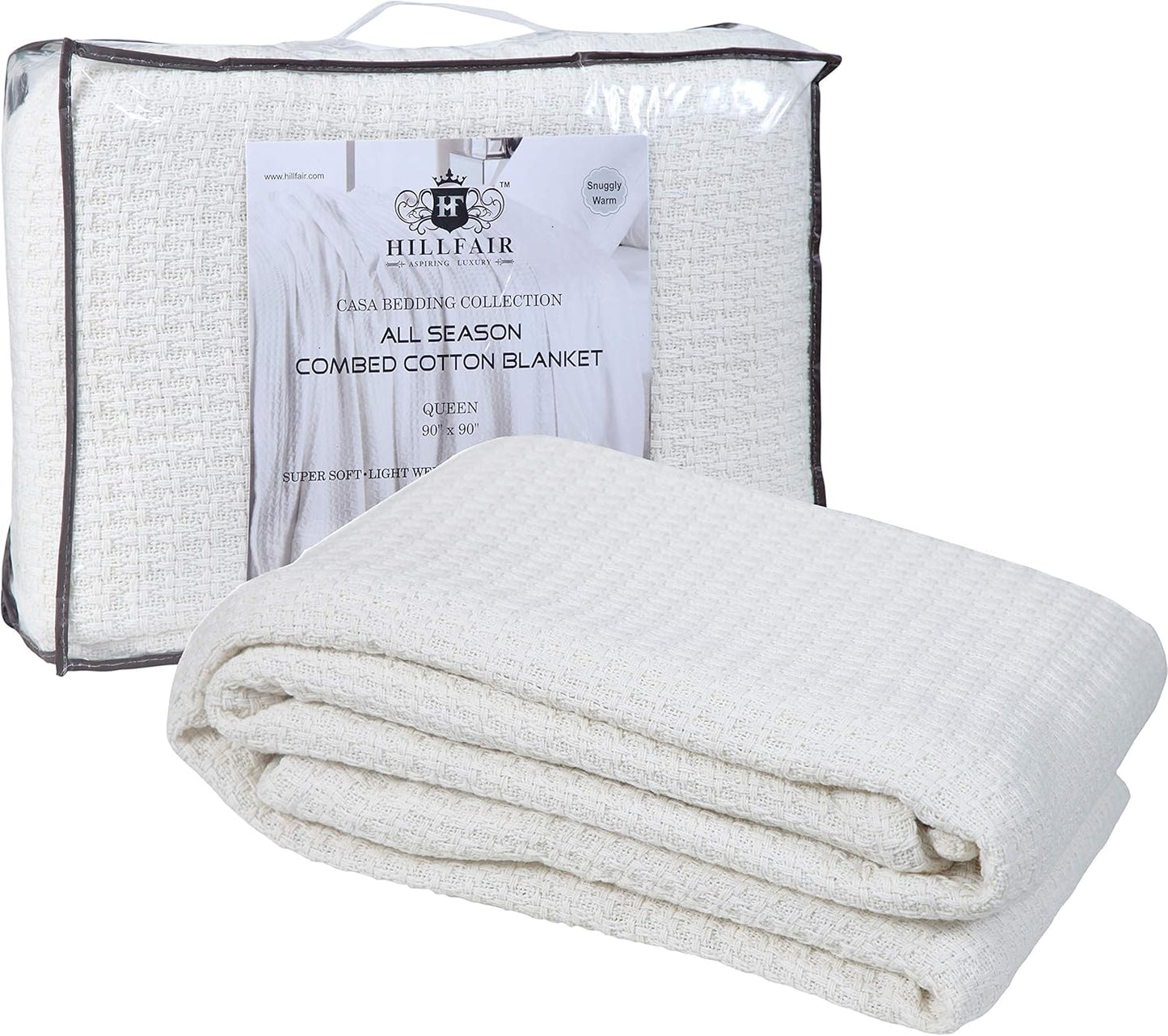 HILLFAIR 100% Combed Cotton Blanket– King Bed Blanket– Soft Cozy Warm Multipurpose Throws for Luxury Home Decor– 90 x 108 inch King Size Cotton Blankets for Beds- Bed Blankets for All Season- Ivory