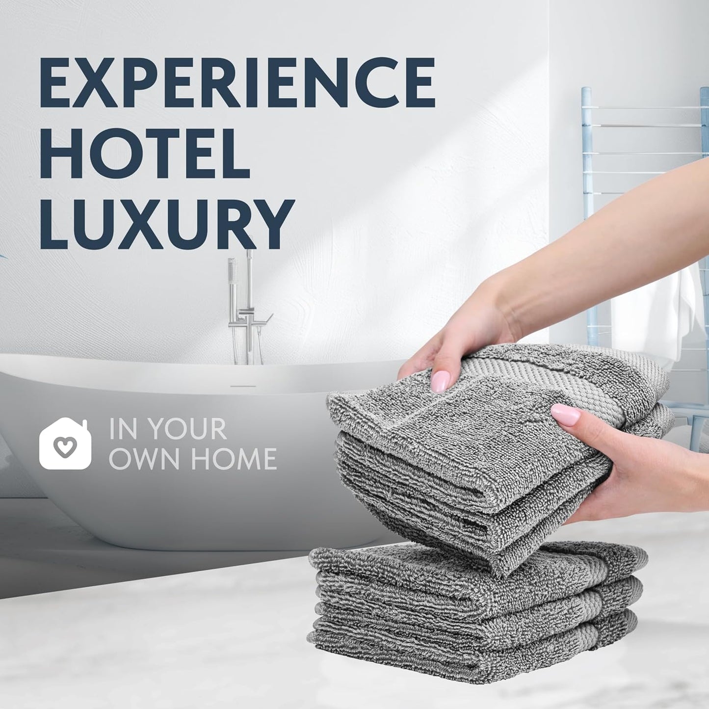 White Classic Light Grey Luxury Cotton Washcloths 12 Pc Set - Large 13x13 Inches Hotel Style Face Towel, High Absorbent Quick Dry Wash Cloths for Home, Spa, Gym, Light Grey, 12 Pack