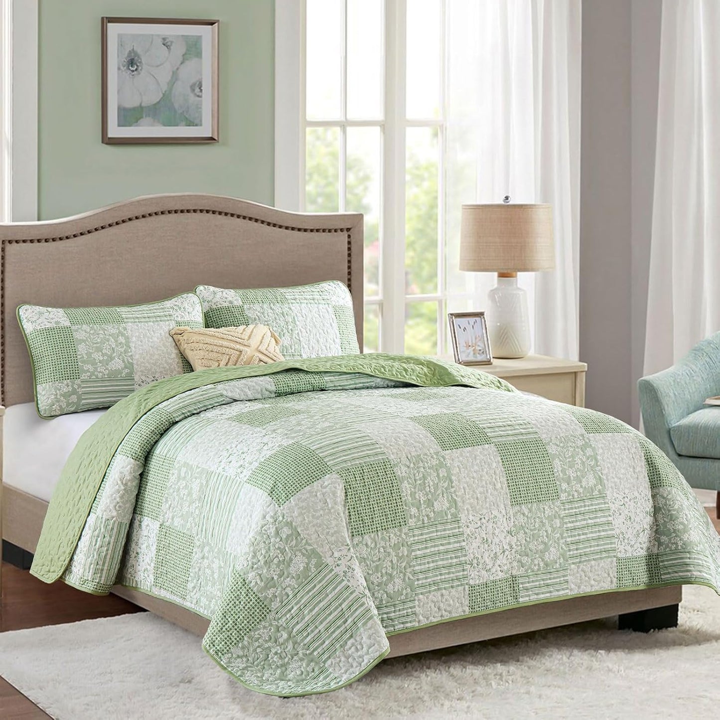 Mybedsoul Light Green Quilt Set King Size, 3 Pieces Plaid Floral Bedspread Set Patchwork Reversible Bedding Set Microfiber Lightweight Bedspread Coverlet Set for All Season 110"x90"