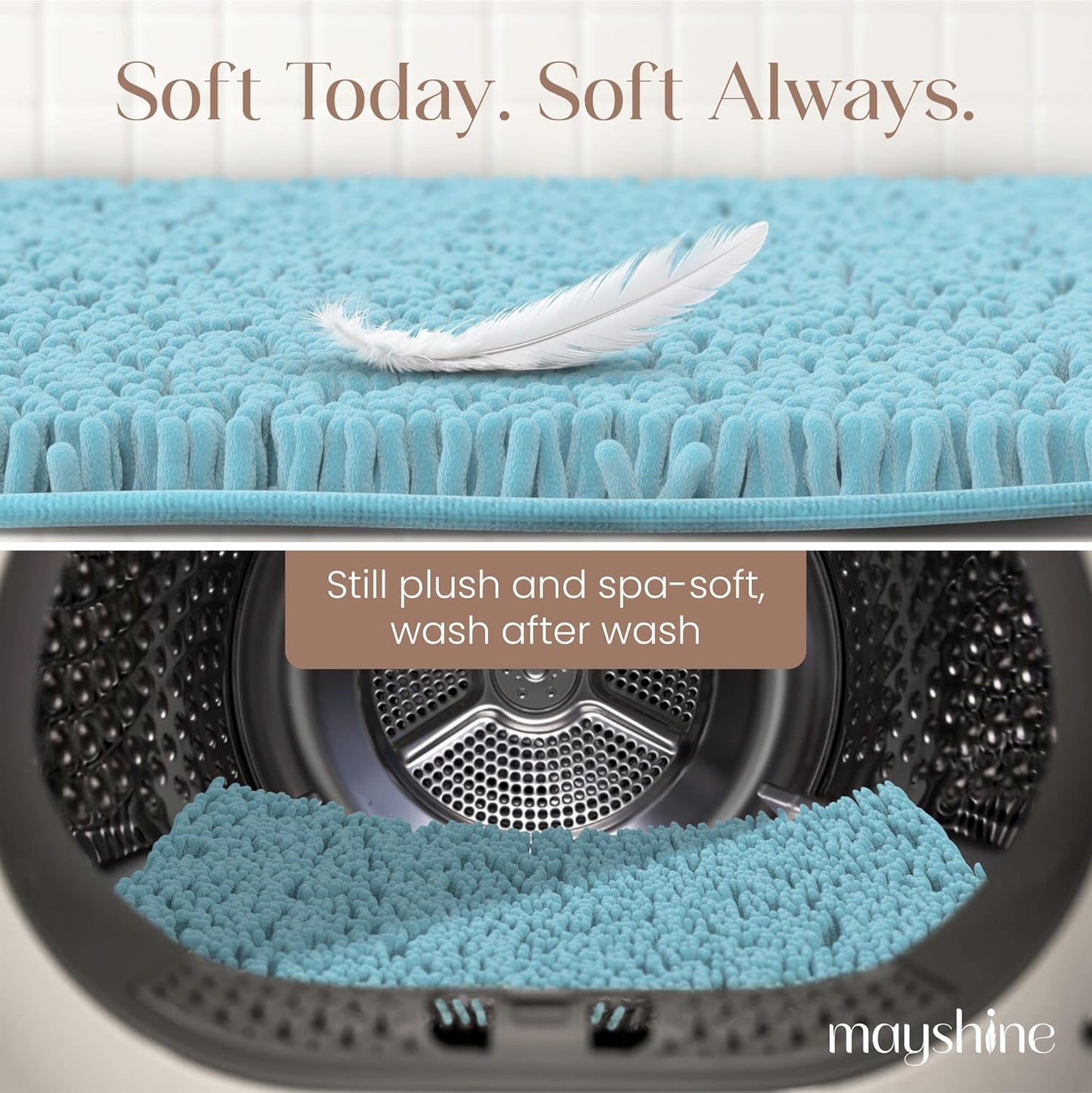 MAYSHINE Plush Shaggy Chenille Bath Mat | Extra Soft, Super Absorbent, Non-Slip Bathroom Rug | Fluffy Microfiber, Area Rug Sets for Bathroom Floor, Kitchen, Living Room | 39"x24" | Spa Blue