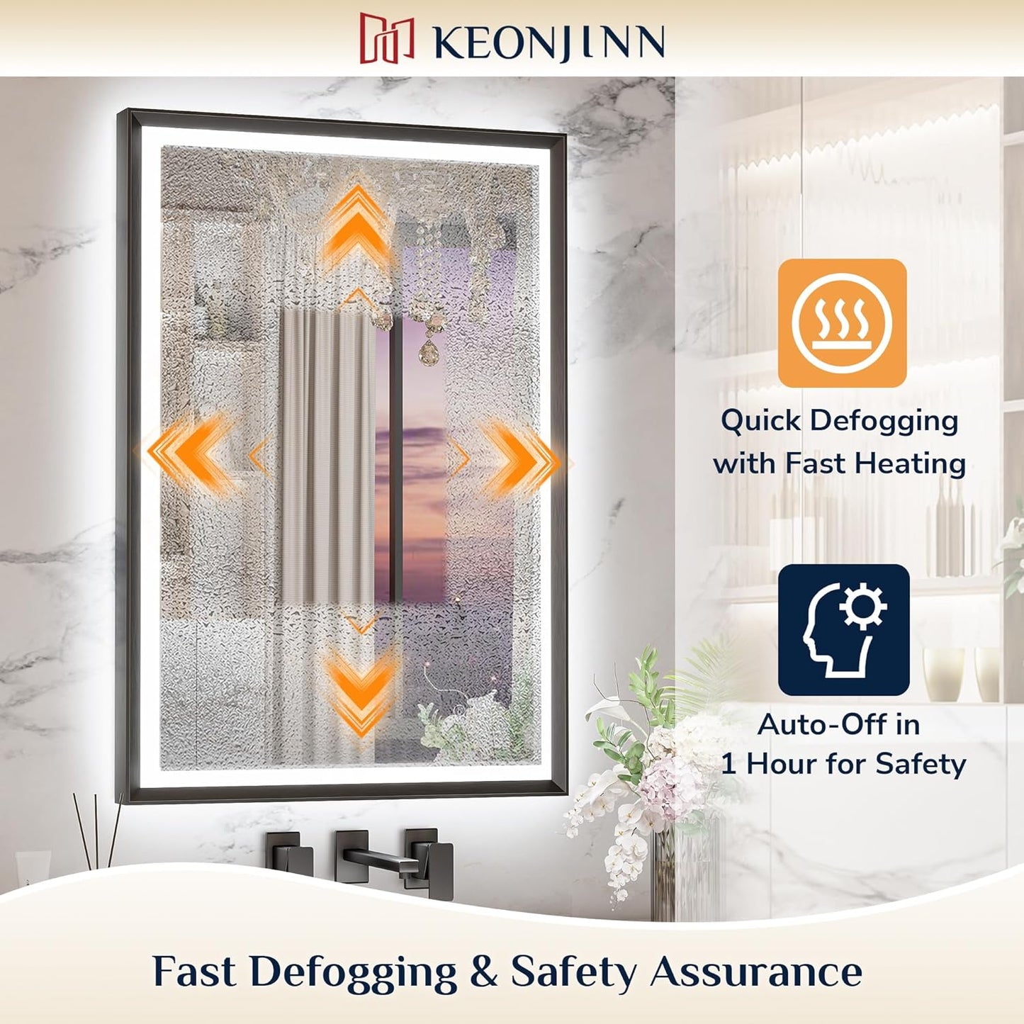 Keonjinn 48” x 30” LED Bathroom Mirror with Frontlit & Backlit, Large Metal Framed Lighted Mirror with Stepless Dimmable 3-Color Temperatures, Anti Fog, UL-Listed Driver, No Dark Corner