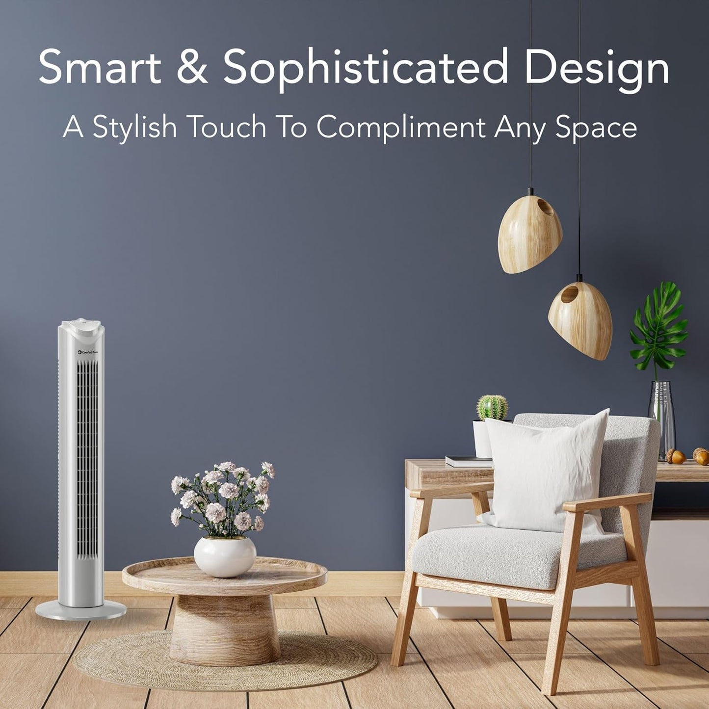 Comfort Zone Tower Fan for Bedroom, 32 inch, 3 Speeds, 90 Oscillation, Bladeless Indoor Fan, Built in Carry Handle, Portable Stand Fan, Gray
