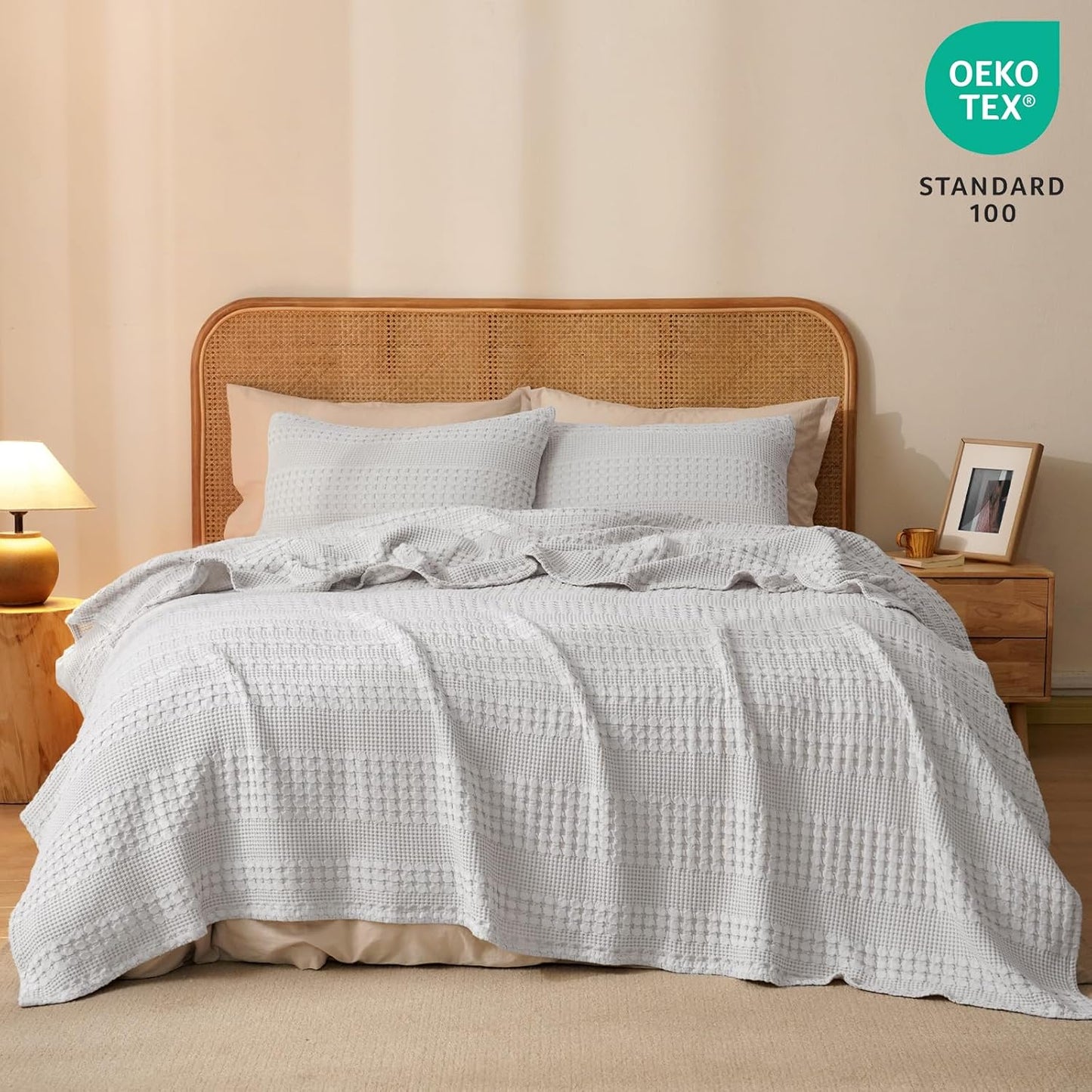 PHF 100% Cotton Waffle Weave Blanket King Size for Bed, Soft Lightweight & Breathable, All-Season Comfort, Luxury Aesthetic Woven Bedding for Home Decor, 108"x90", Light Grey