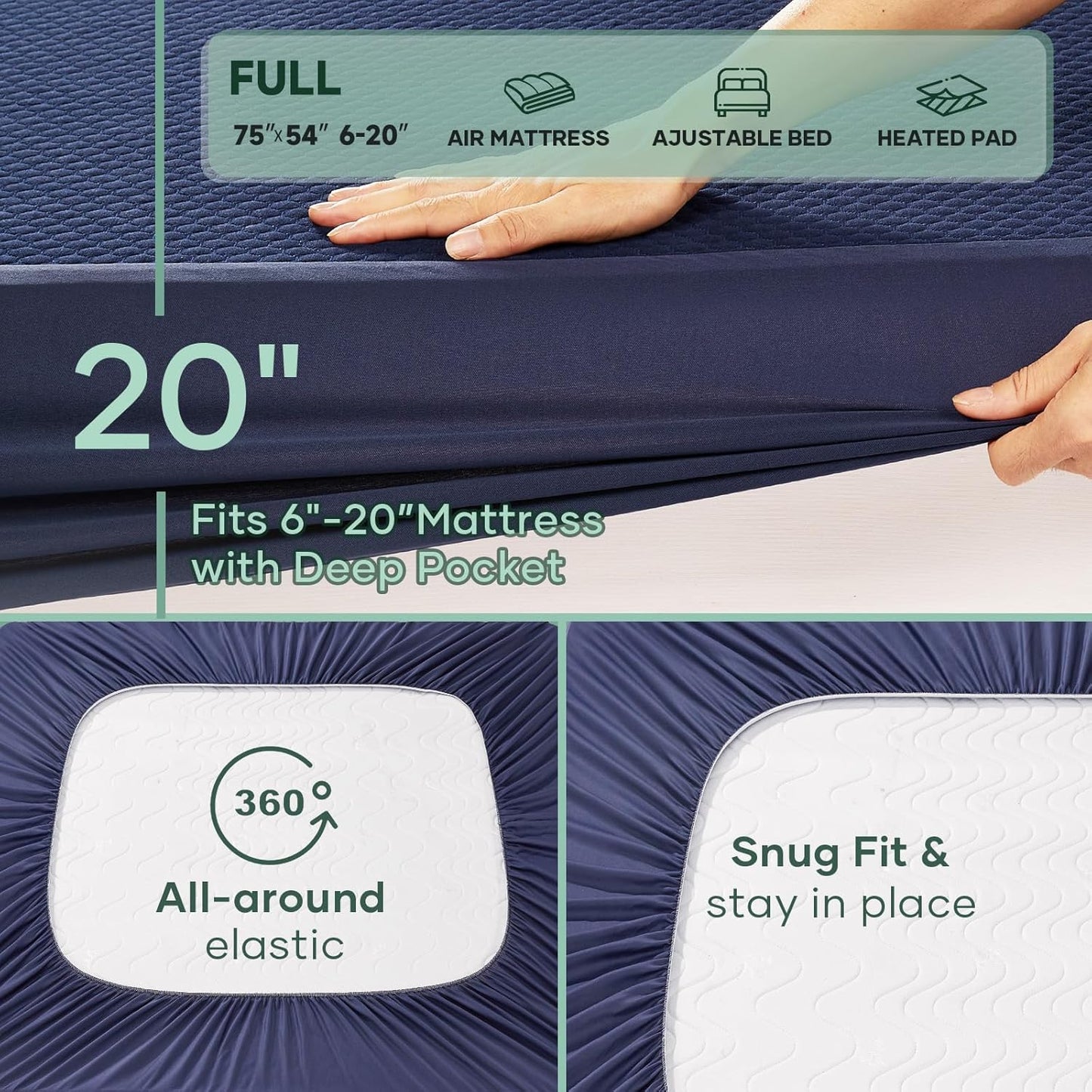 OhGeni 100% Waterproof Mattress Protector, Full-Navy Blue Size Mattress Pad, Fits 6"-20" Mattresses with Deep Pocket, Cooling, Breathable Fitted Sheets, Soft Bed Cover, Noiseless, Machine Washable
