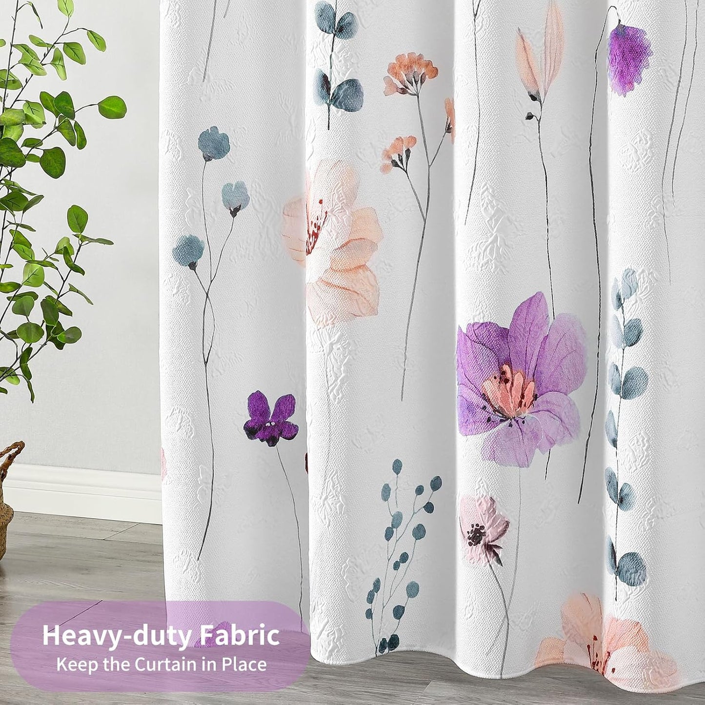 QIYI Watercolor Floral Shower Curtain, 3D Embossed Butterflies Purple Pink Flower Bathroom Curtain, Minimalist White Cloth Bath Curtains, Waterproof Fabric Texture Shower Curtain Set with Hooks, 72x72