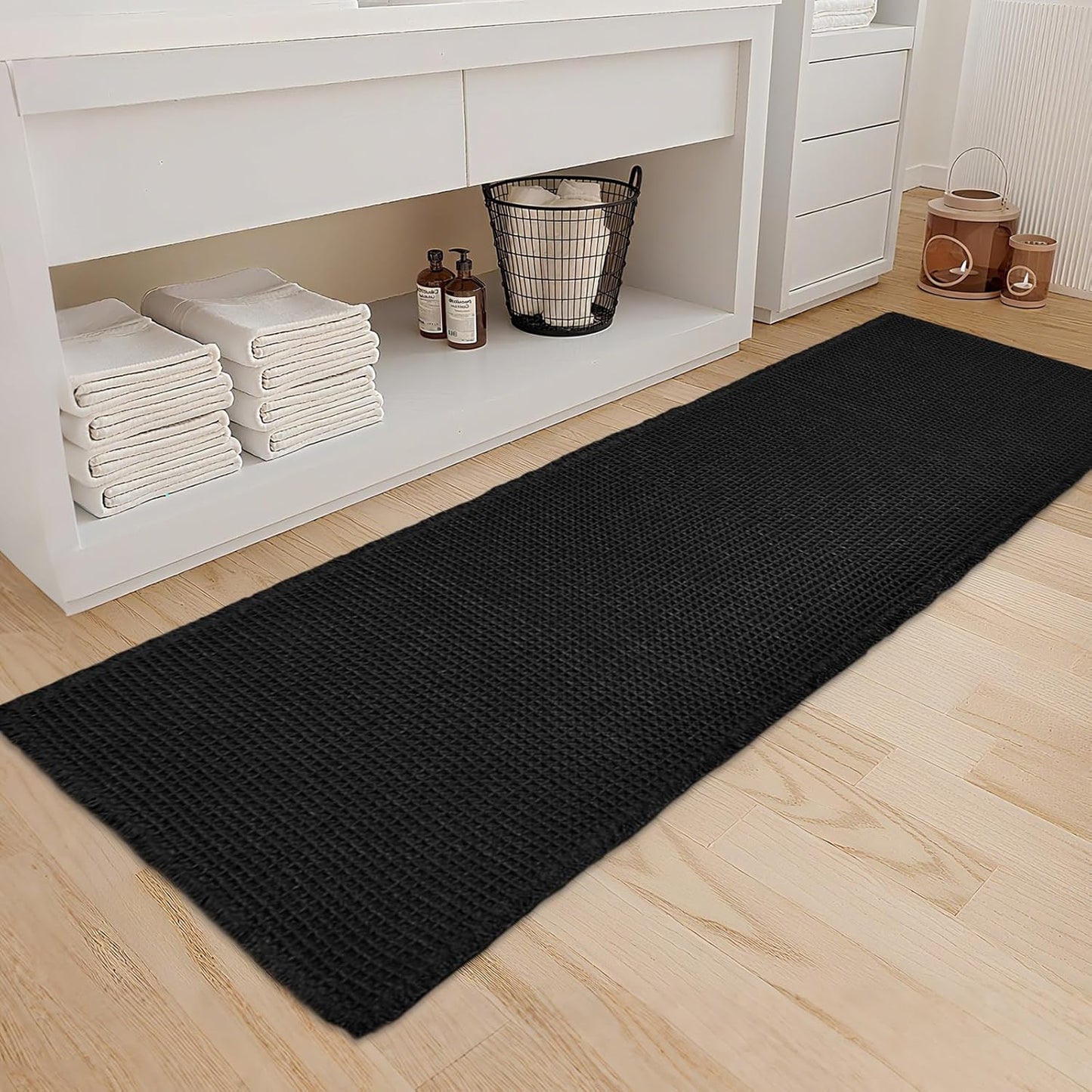 ZALL Waffle Bath Mat Black Super Absorbent Non Slip Bathroom Rug,Rhombus Geometric 24X72inch,Machine Washable Ultra Soft Floor Mats