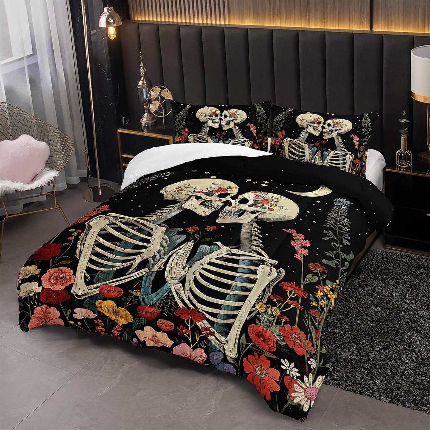 Black Gothic Skull Flower Full Comforter Set，Quilt Full Size Bedding Set Gothic，with 1 Comforter with 2 Pillow Case，Skull Room Decor for Bedroom