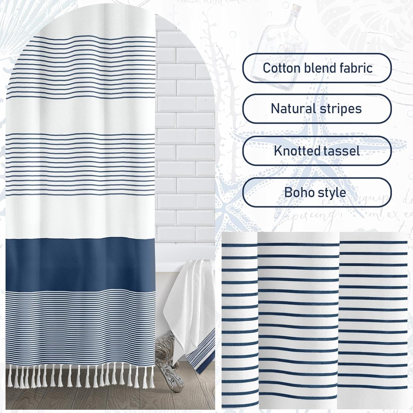 Awellife Navy Blue Shower Curtain for Bathroom Stripe Tassel Shower Curtain 54 X 72 Inches Farmhouse Cotton Stall