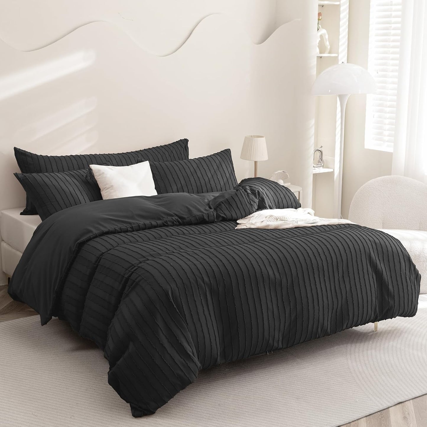 JELLYMONI Duvet Cover Full Size Black - 3PCS Boho Striped Duvet Cover Set Polyester Tufted Bohemian Textured Comforter Cover with Corner Ties & Zipper Closure