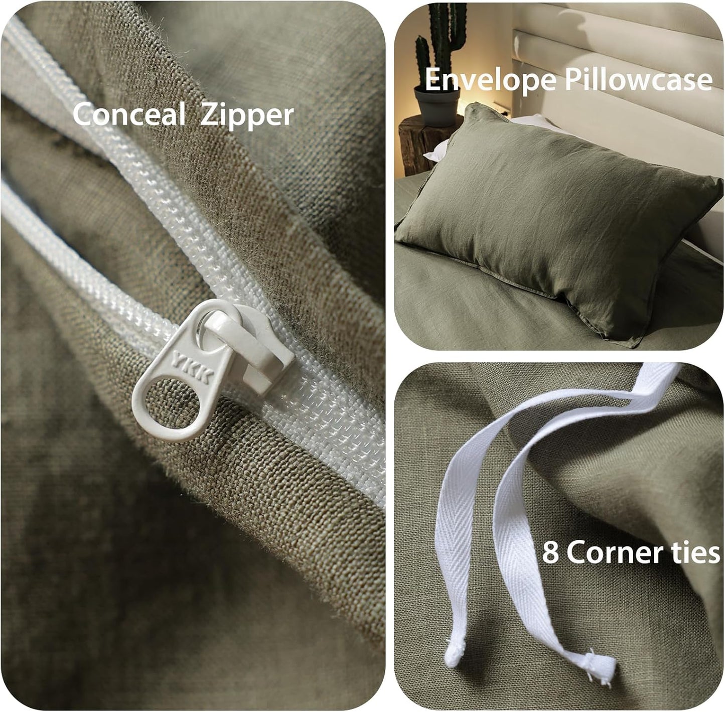 XZ XIFA Olive Green Linen Duvet Cover Twin, 100% Washed French Flax Linen Bedding Set with Zipper Closure, Cooling & Textured Bed Sets for Hot Sleepers(1 Duvet Cover, 1 Pillowcases)